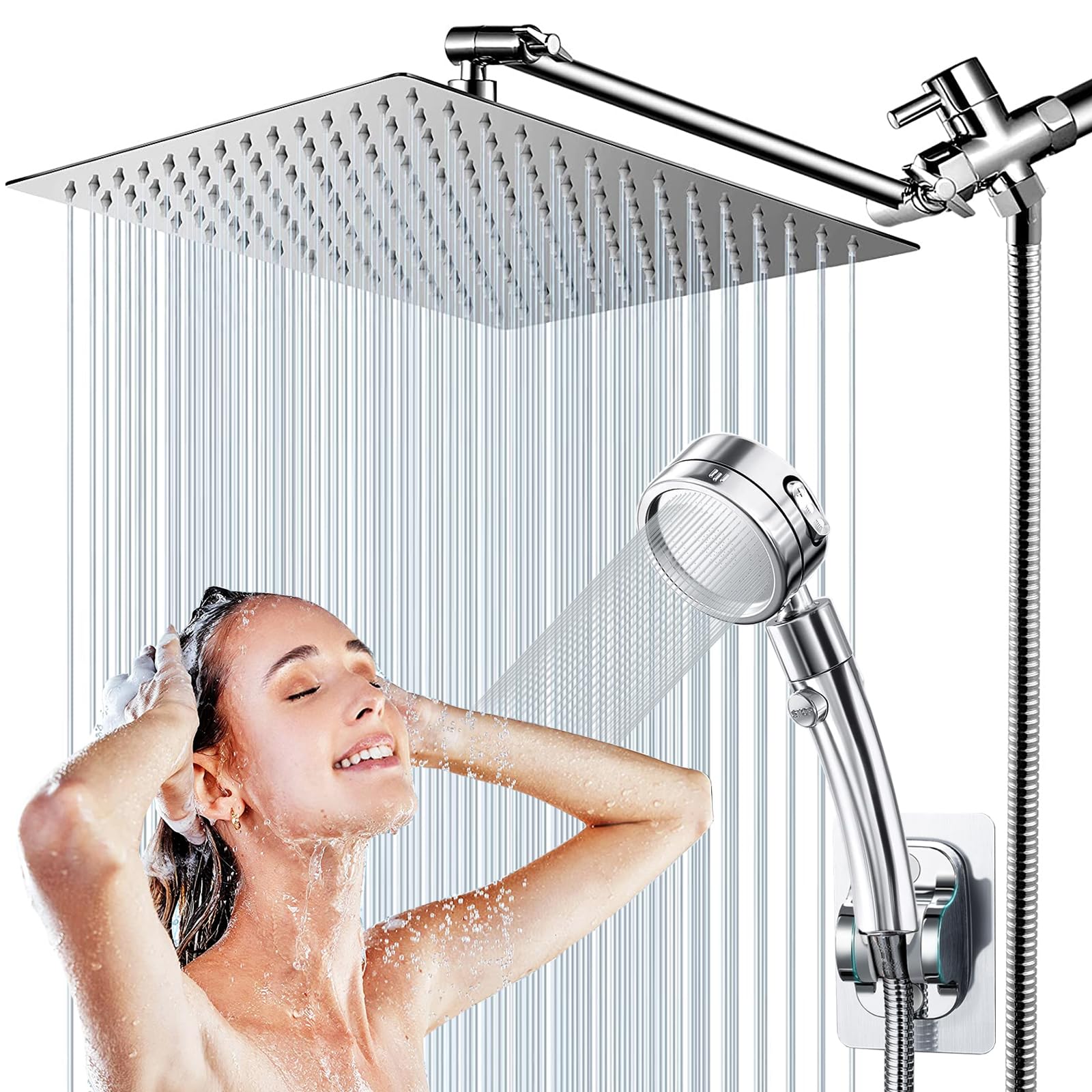Shower Head Combo,10 Inch High Pressure Rain Shower Head with 11 Inch Adjustable Extension Arm and 3 Settings Handheld,Powerful Shower Spray Against Low Pressure Water with Long Hose(Chrome)