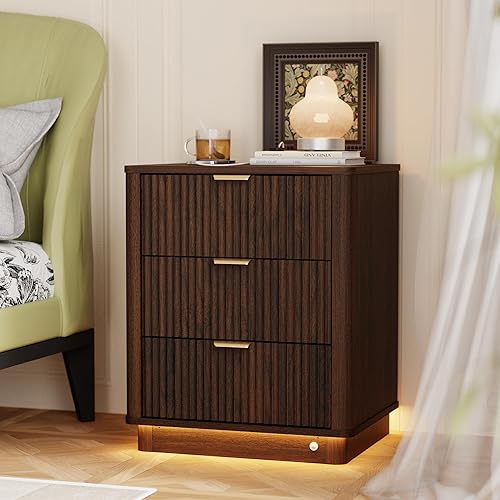 Miniatura 17 de Mesita de noche acanalada, mesa auxiliar curvada con estación de carga y iluminación, mesa de madera con 2 cajones, gabinete de almacenamiento