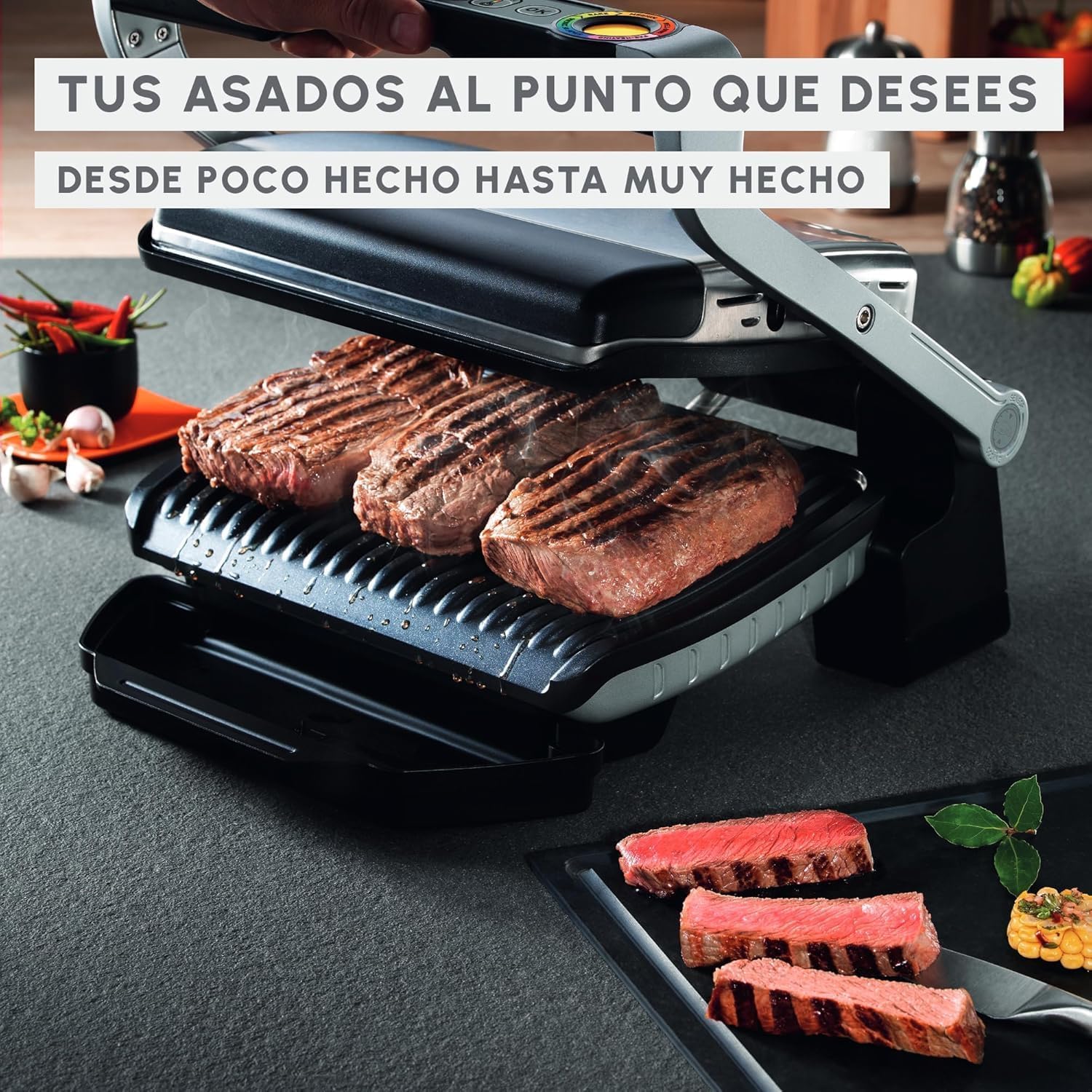 Moulinex OptiGrill+ Parrilla Eléctrica de Interior, Tecnología Patentada con Indicador de Cocción por Medición de Grosor, 6 Programas Automáticos, Piezas Aptas para Lavavajillas, GI712D10