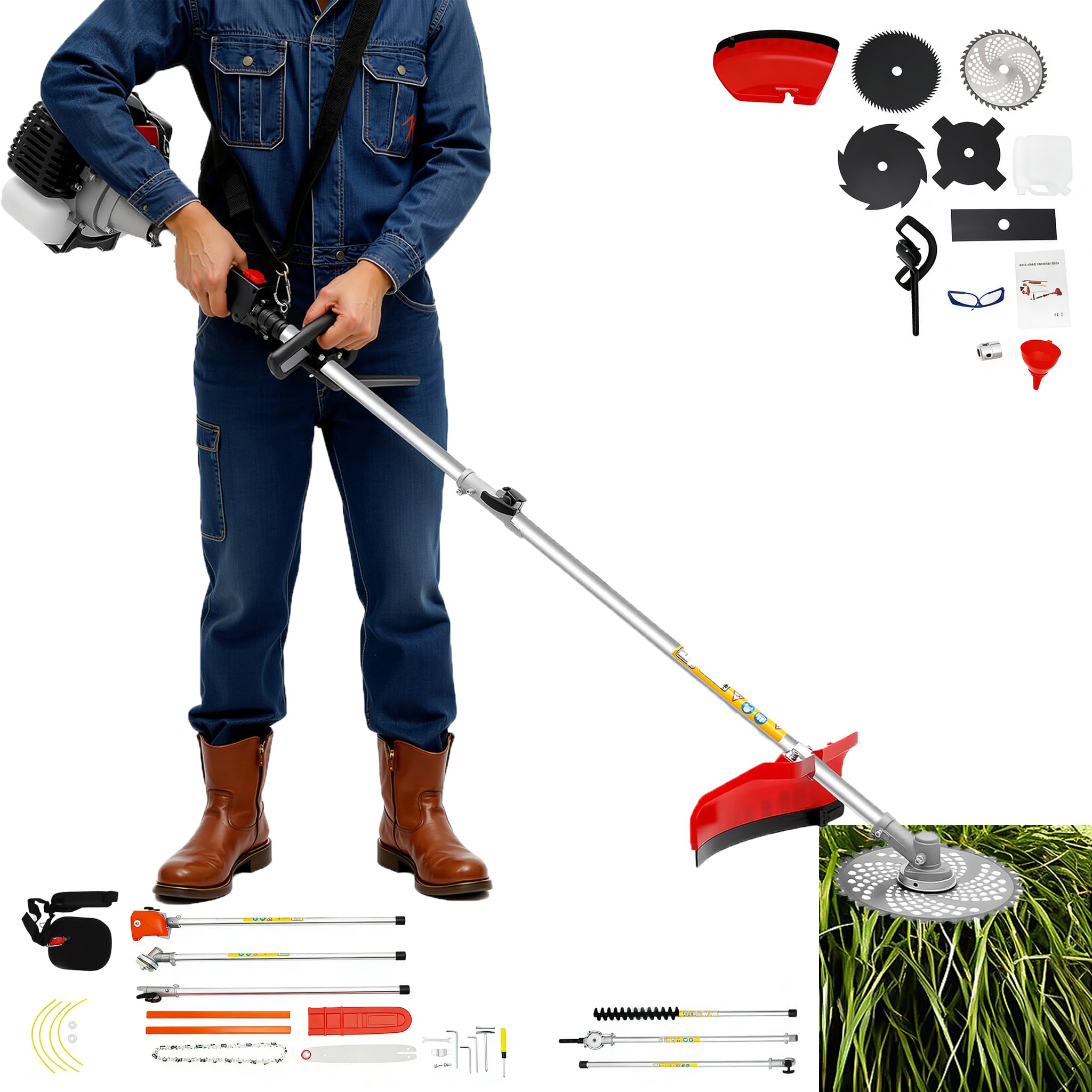 Desbrozadora de gasolina de 52 cc de 2 tiempos, 1,7 kW, con 7 cabezales (cabezal de corte, hojas de sierra, hoja de diamante), cortadora multifunción para malezas, arbustos, césped, jardinería