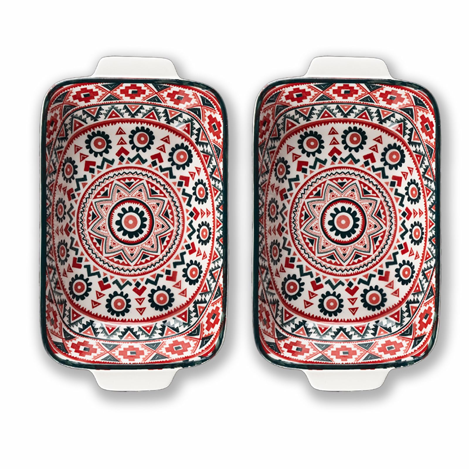 Au Gratin Baking Dish, Single Serving Dish Set of 2 with Handle, Ceramic Casserole Dish for Oven, Vintage Bohemian Bakeware for Fruit, Salads, Desserts, 8.8 Inch, Small Individual (Rectangular)