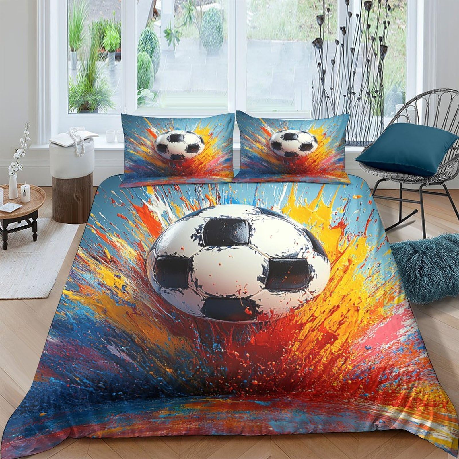Ctjqhvkz Style-3 3D Printed Splash Soccer Fitted Sheet Microfiber Colourful Football Bed Cover For Bedroom Guest Room Easy Care Single（135X200cm）