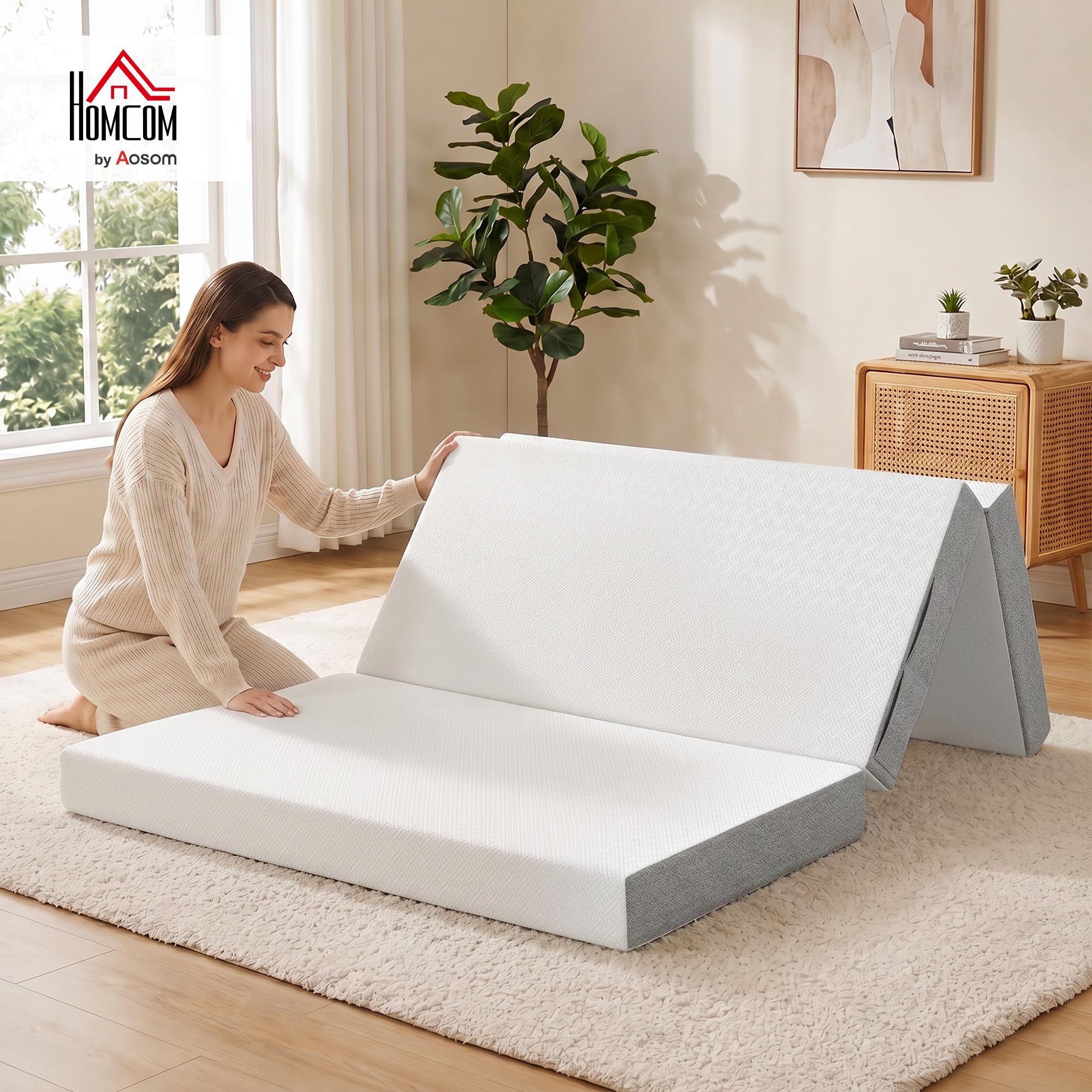HOMCOM Matelas Pliant en 3 Parties Mousse Mémoire Gel 140x190x15cm Blanc | Matelas d'Appoint, Housse Lavable, Poche Latérale, pour Invités, Camping, Voyage, Certifié Oeko-Tex