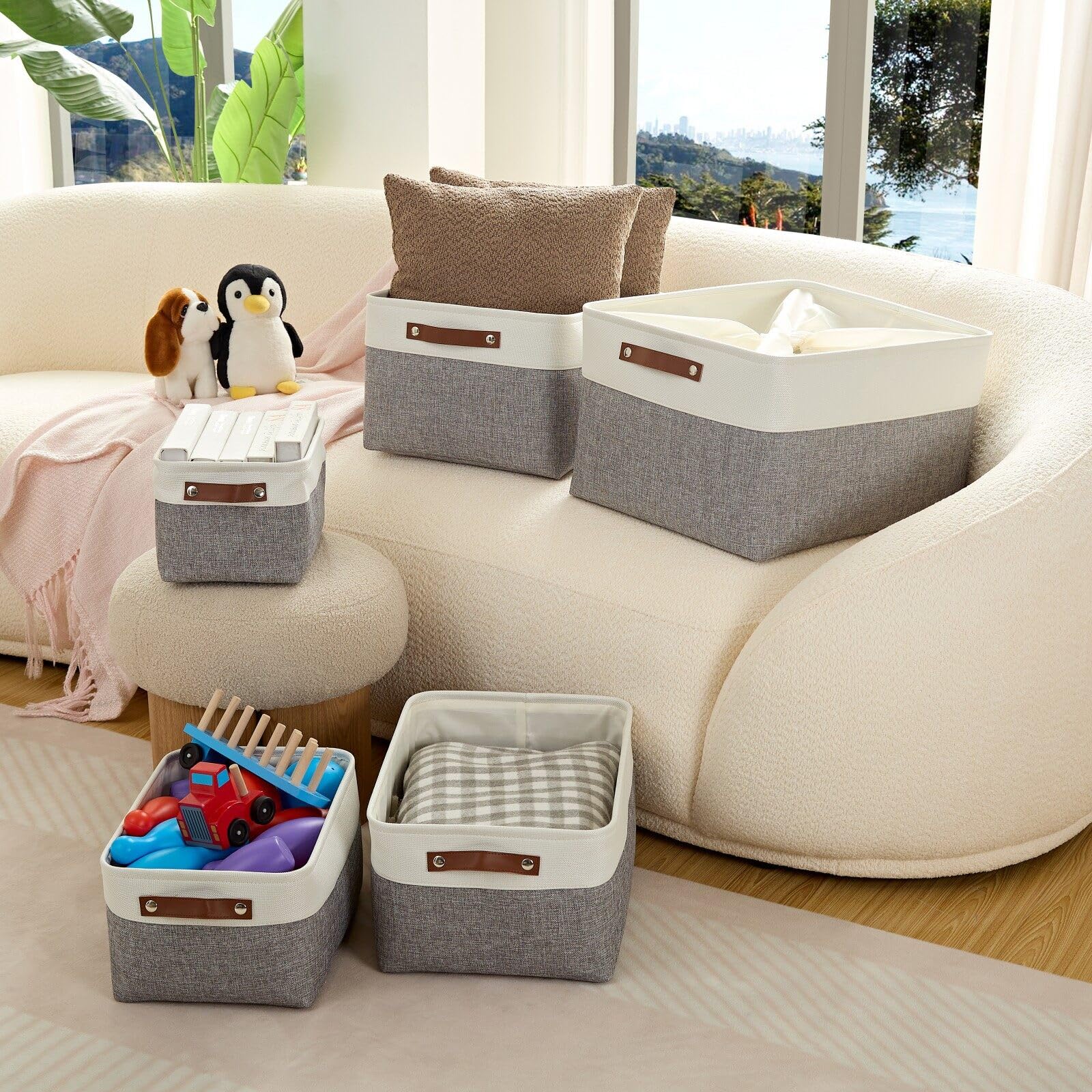 Mangata - Cajas de almacenamiento jumbo de tela, [paquete de 4] cesta de almacenamiento plegable acolchada con asas para estanterías de ropa (XXL, gris/blanco)