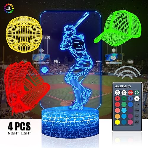 Miniatura 2 de 4 luces nocturnas de béisbol 3D (béisbol, jugador de béisbol hombre, gorra de béisbol, guante de béisbol), lámpara LED de ilusión de luz nocturna