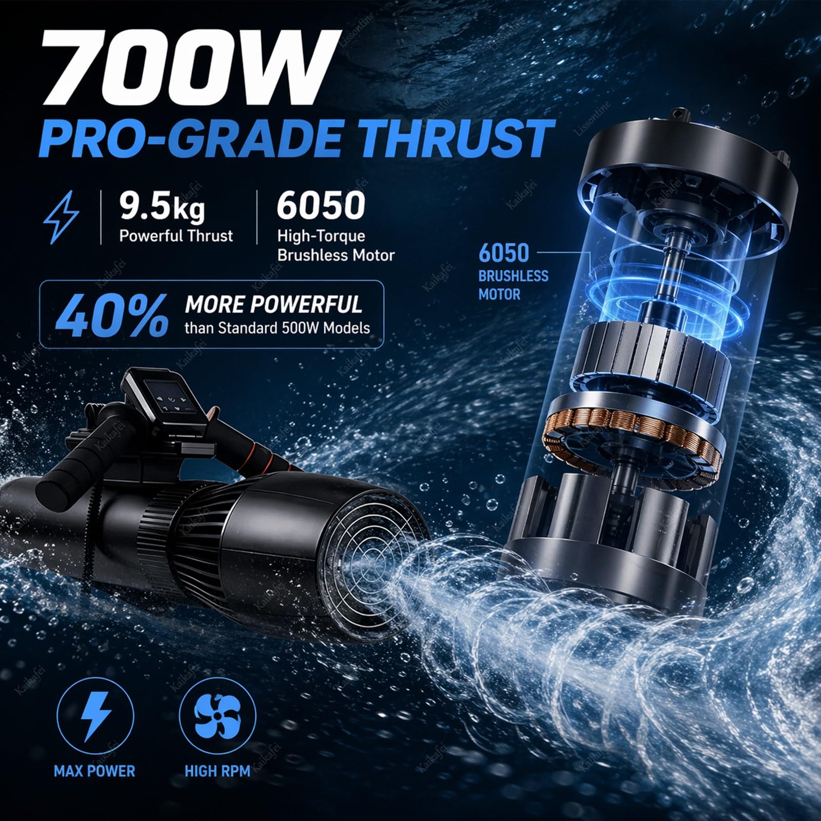 700W Scooter Subacuático con Empuje 9.5kg y Mango, 180 Minutos Profesional Scooter de Mar para Buceo Profundo, Resistente al Sal Motor Eléctrico para Piragua