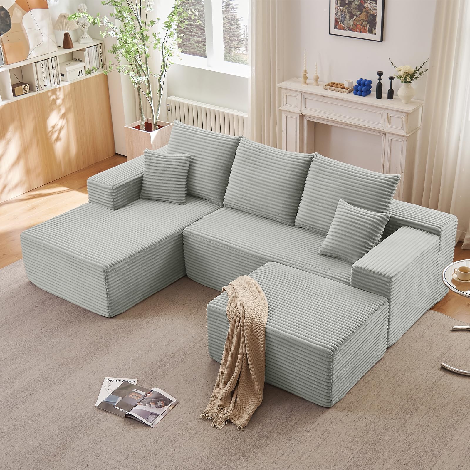 Lakifun 107" L-Shape Sofa with Ottoman, Modern Modular Sectional Comfy U-Shape Cloud Couch, Deep Seat, Upholstered Corduroy Sleeper Chaise Longue for