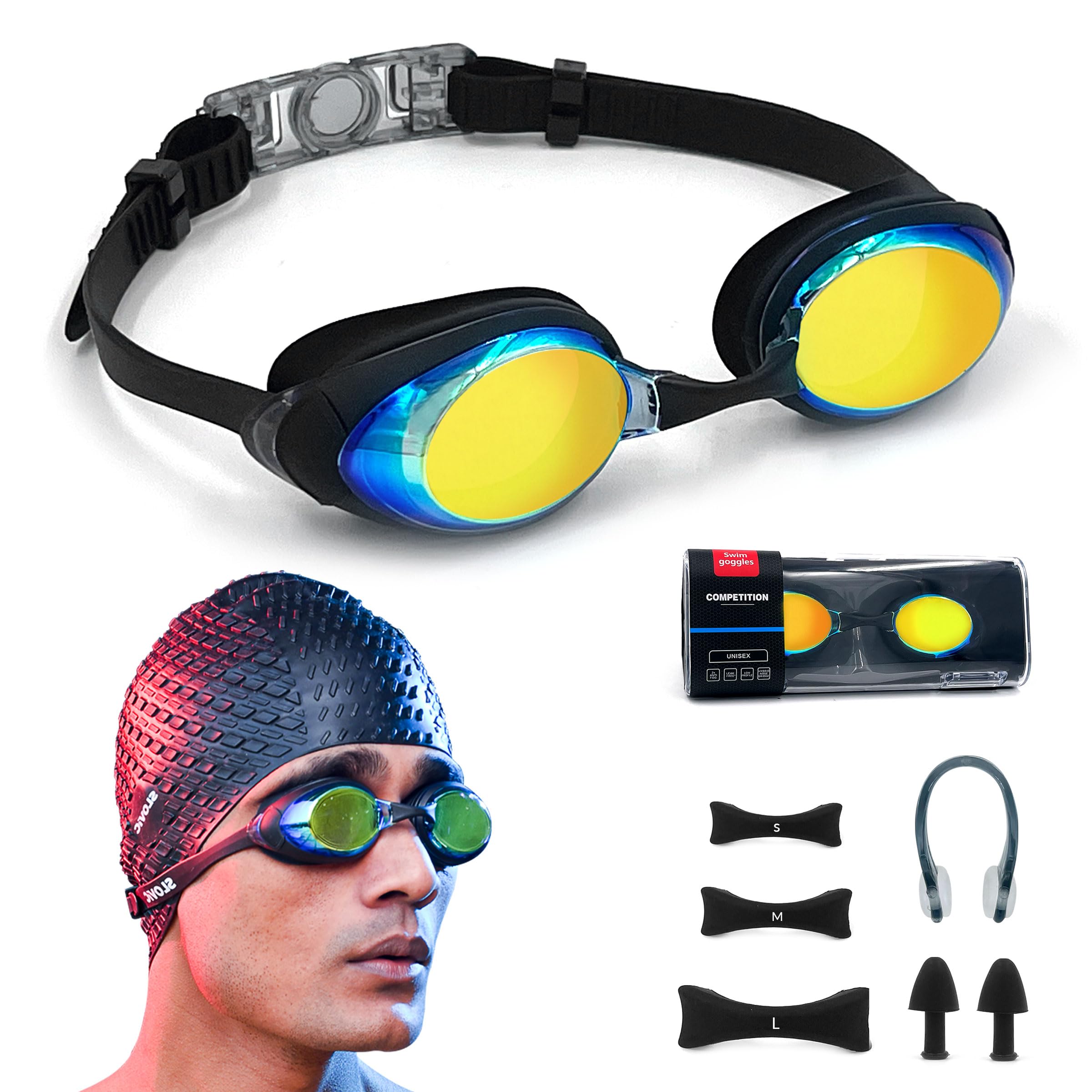 SLOVIC Black Swimming Goggles for Men & Women with Detachable Silicon Nose Bridge| Anti-Fog Glasses, Leak-Proof, Adjustable Straps with Ear Plugs & Nose Clip | Polarized | UV-Protected Swimming Goggle (B0CBQFR6JG) Amazon Price History, Amazon Price Tracker