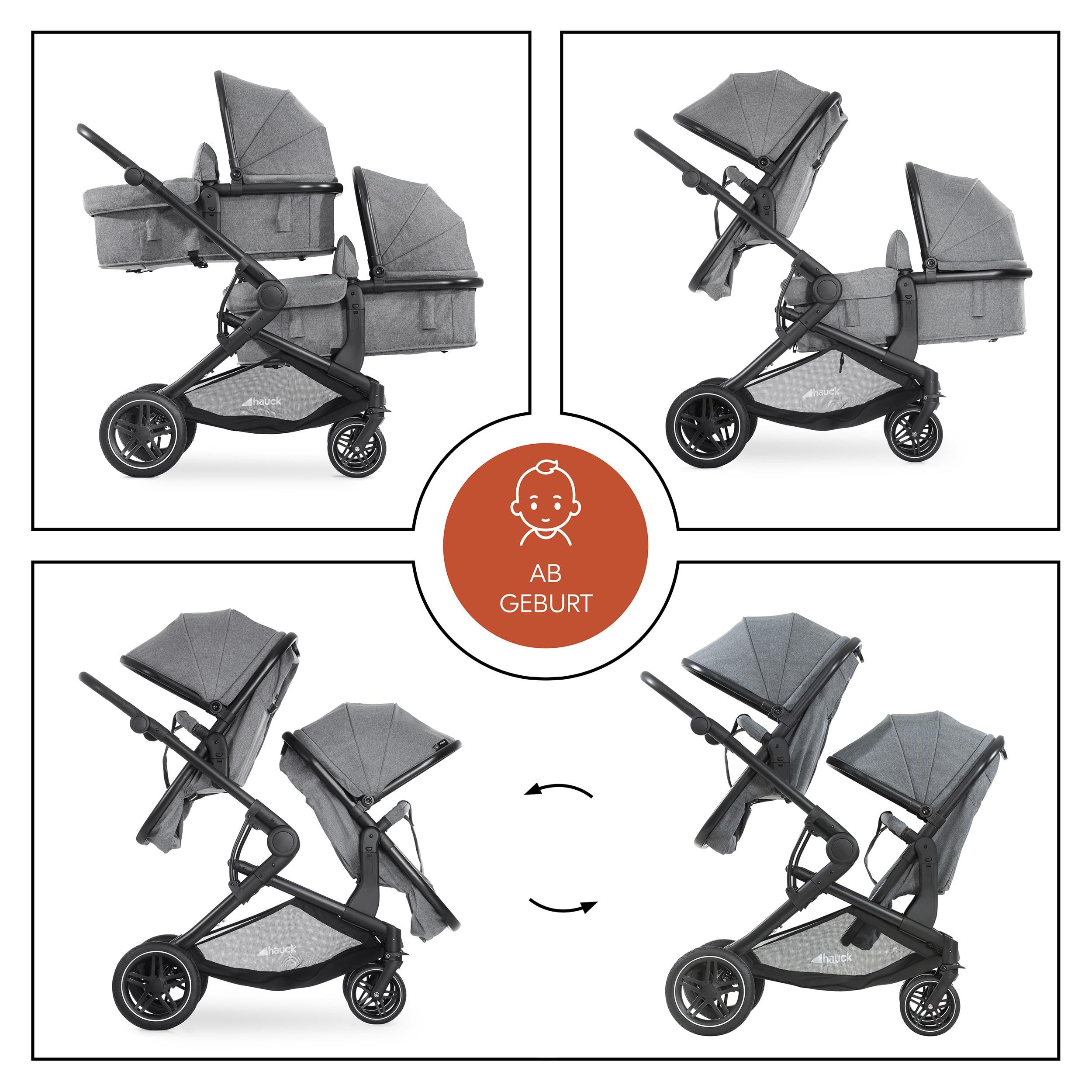 hauck Zwillingskinderwagen Atlantic Twin ab Geburt | 2 Babywannen zu drehbaren Sportsitzen mit Liegeposition | Geschwisterwagen mit Insektennetz & Sonnensegel UV50+ – Melange Grey