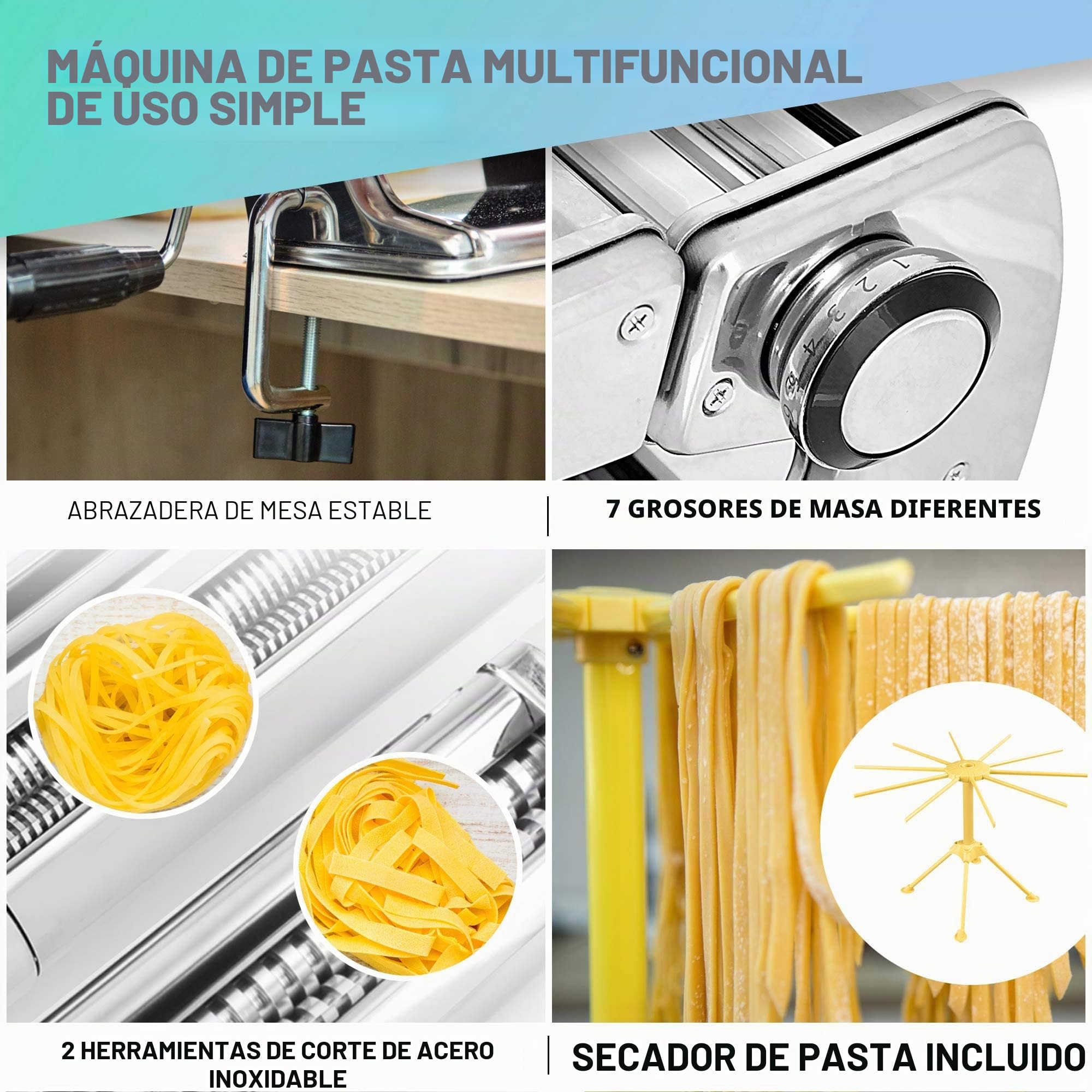VeoHome Máquina manual de pasta con secador, acero inoxidable, herramienta versátil con grosor ajustable, laminador y manivela - fideos frescos caseros, espagueti, lasaña
