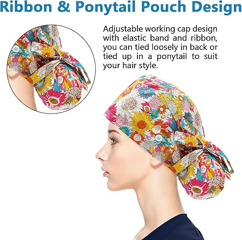 Vista 58 de Fesciory Gorras de trabajo ajustables con botón y banda para el sudor, sombreros de cola de caballo para mujer, cabello largo