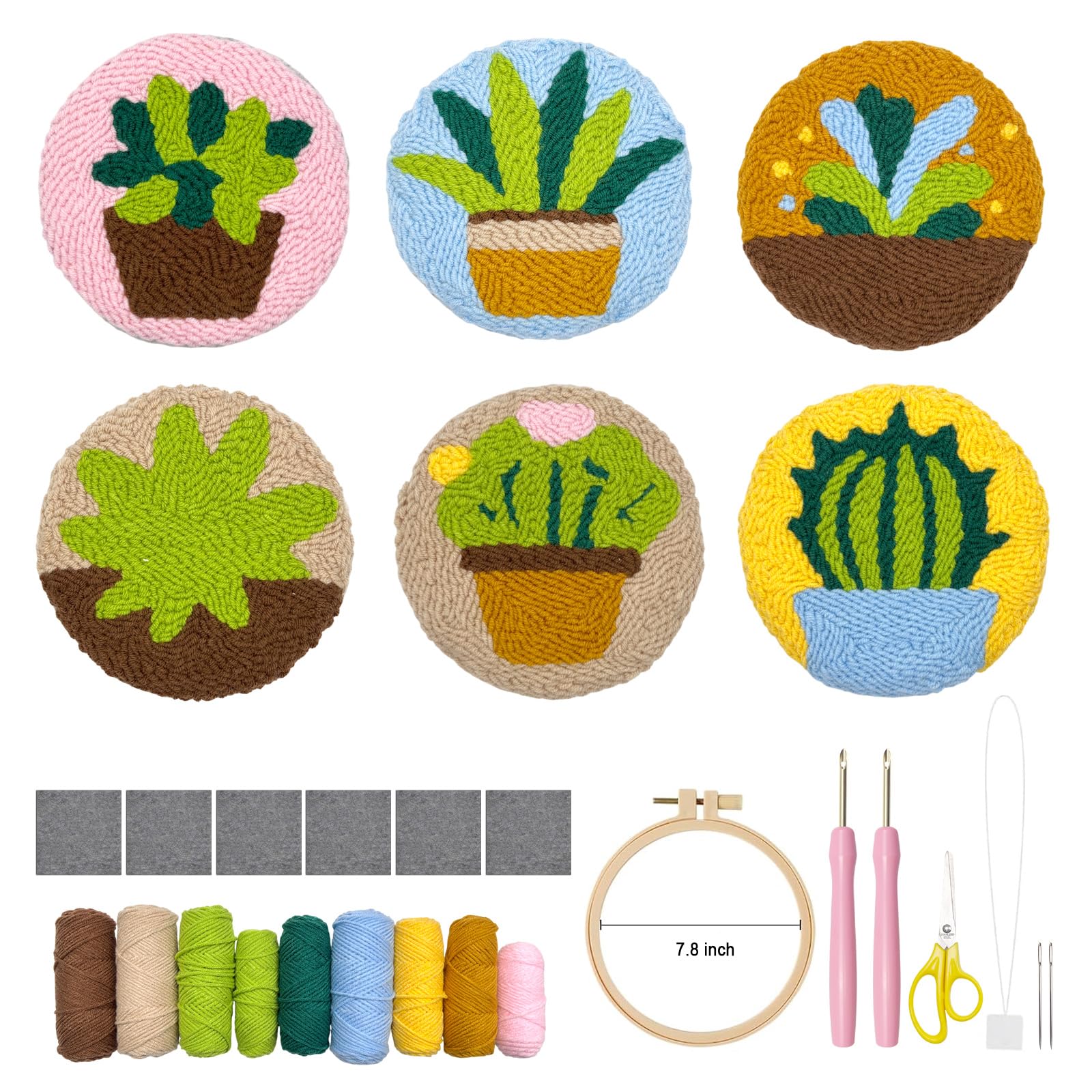 Punch Needle Kit for Adults Beginners, 6-Piece Cute Plants Punch Needle Coaster Kit – Easy DIY Embroidery Craft Set with Instructions – Fun Needlepoint Tufting for Table Decor & Festival Gifts