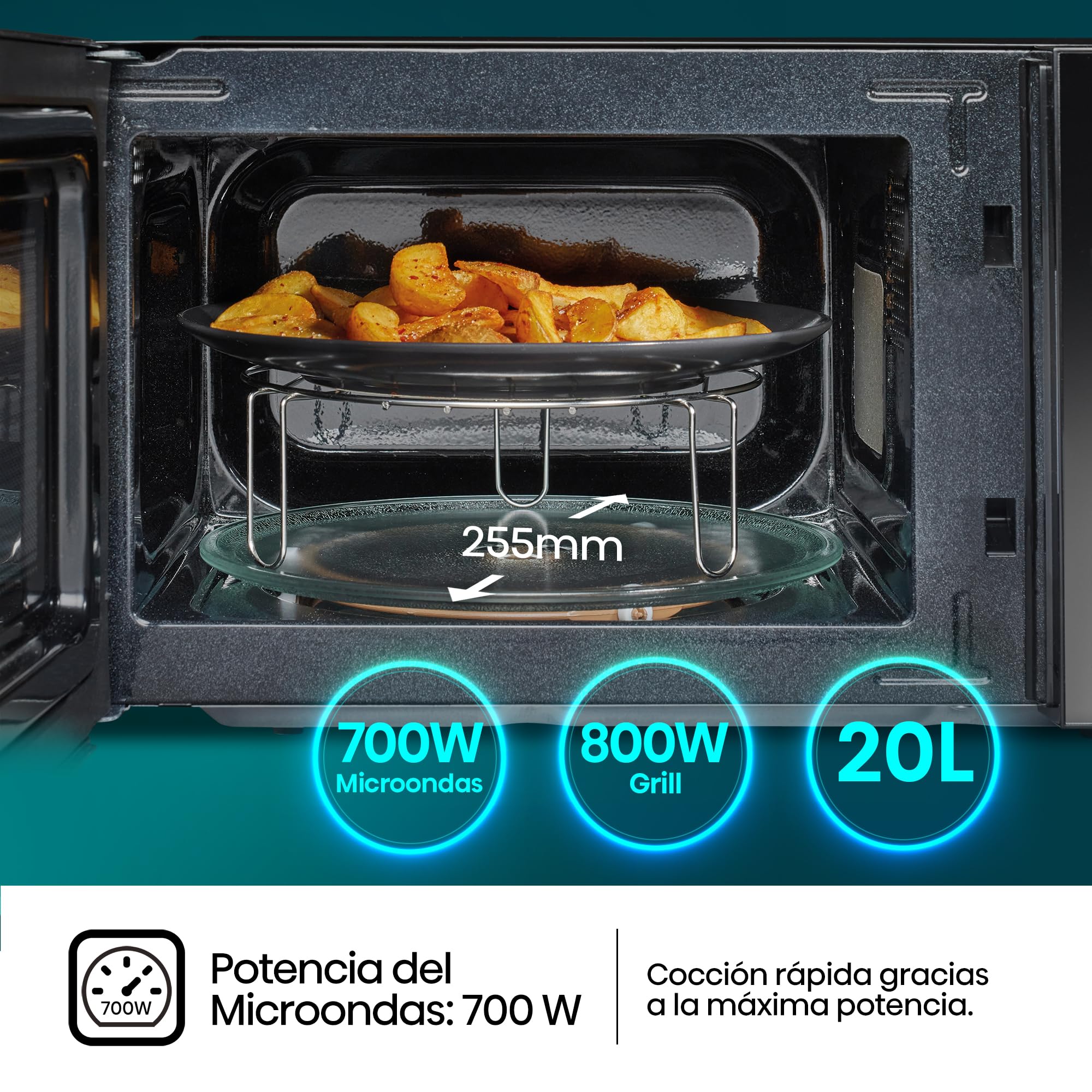 Hisense H20MOMBP1HG - Microondas con Grill 800W, 20L, Alto 32.6cm x Ancho 45.5cm, Color Negro, Potencia del Grill: 800 W, Revestimiento Cerámico, Cristal Premium, 5 Niveles de Potencia