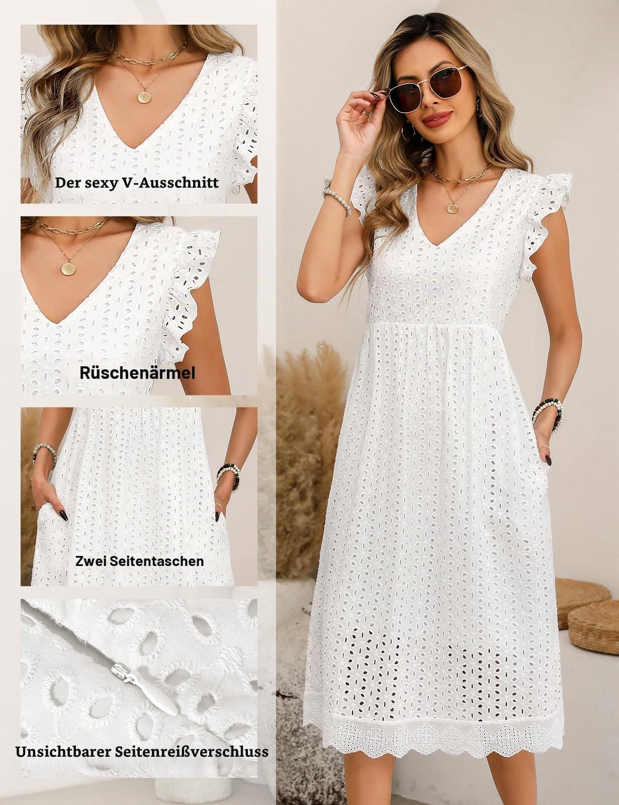 UMIPUBO Sommerkleid Damen V-Ausschnitt Ärmellos Midi Kleider mit Taschen Baumwolle Knielang Freizeitkleid Elegant Boho Strandkleid Frauen Casual