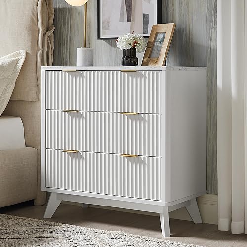 Miniatura 9 de T4TREAM Juego de 2 mesitas de noche acanaladas de 3 cajones, mesa auxiliar moderna extragrande extragrande con parte superior de mármol sintético,