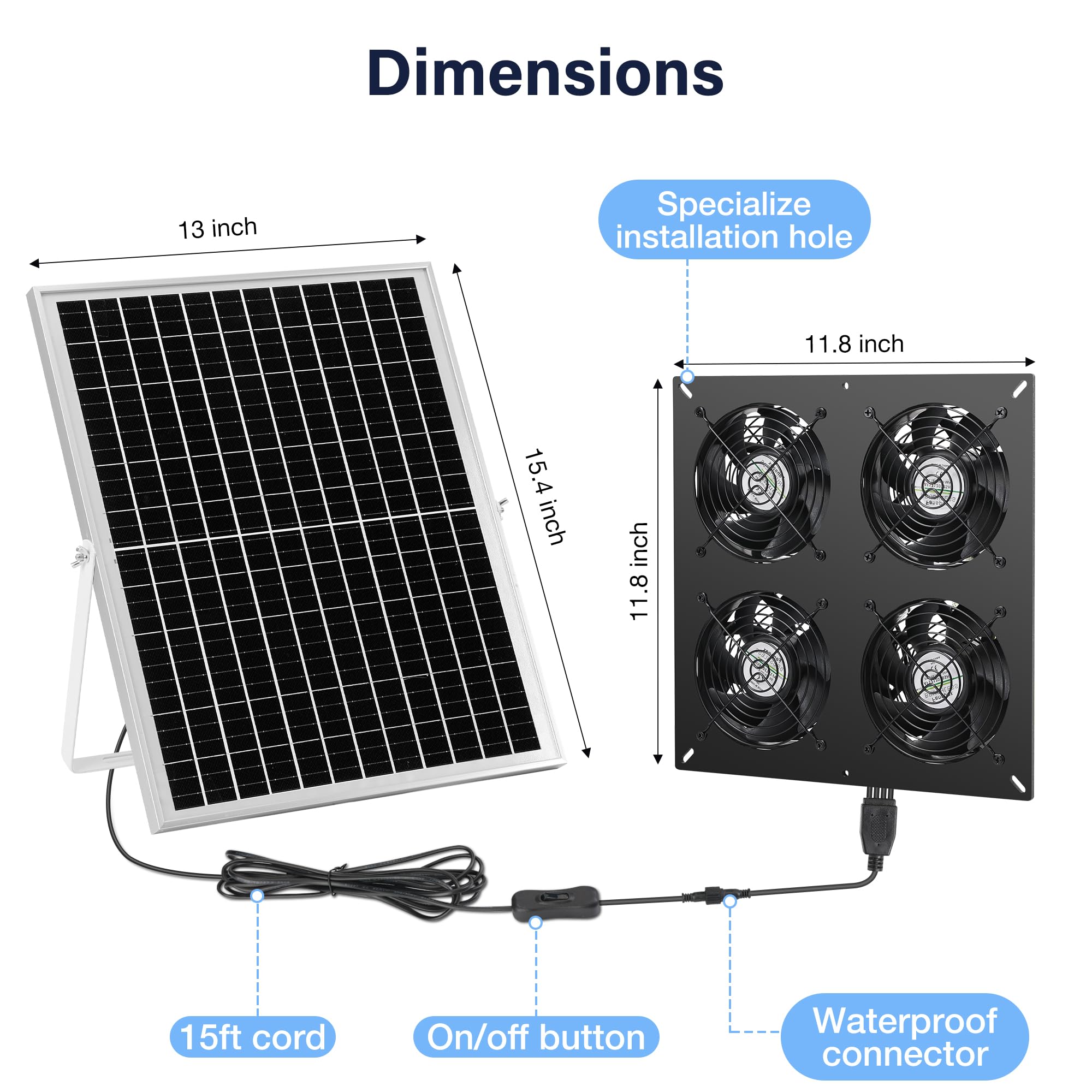 Fanspex Kit de 4 ventiladores solares impermeables para gallinero, invernadero y cobertizo | Ventiladores solares de alta velocidad para entrada o escape de aire al aire libre