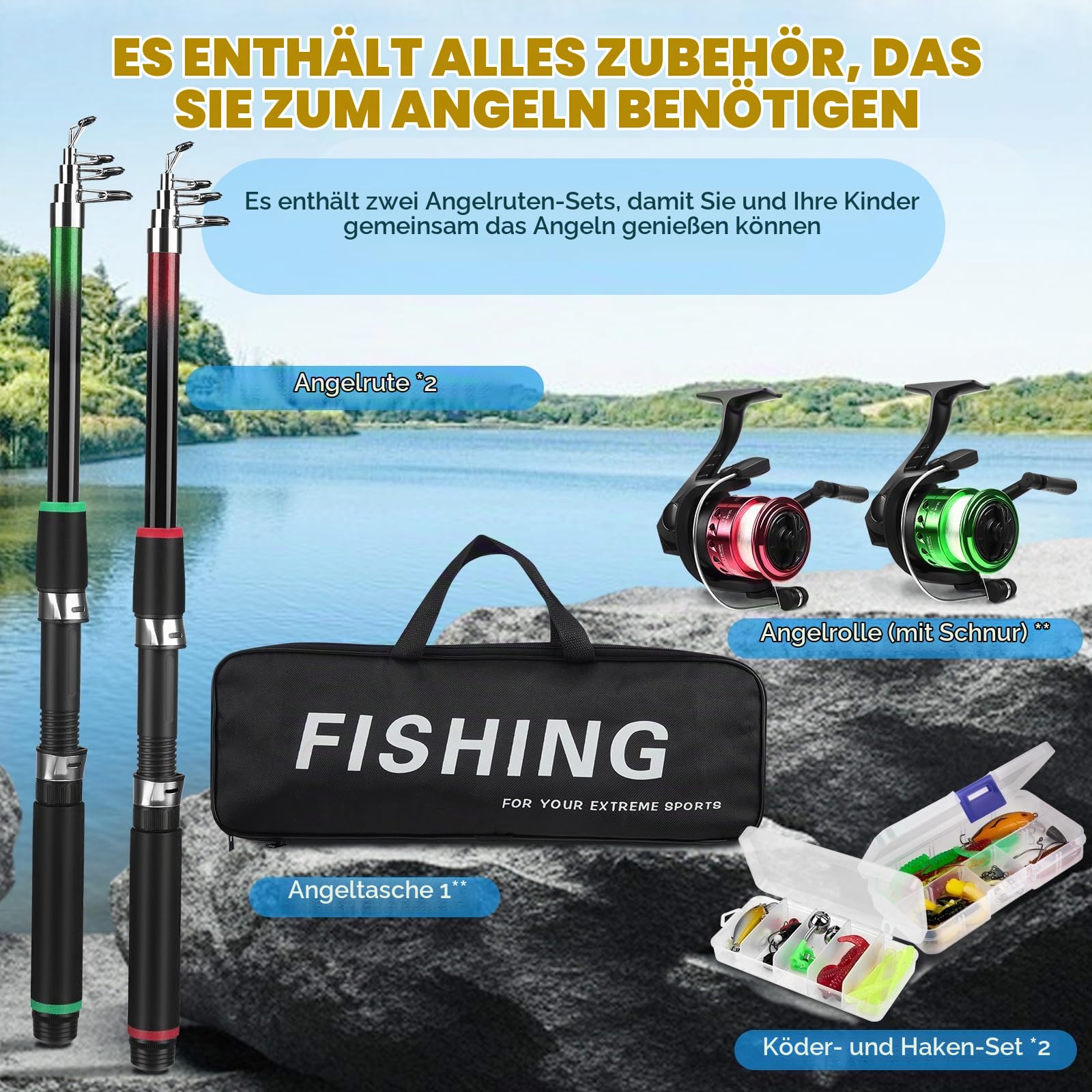 Teleskop Kinderangel Set,Angelruten mit 5.2:1 Spinnrolle Angelset Zubehör Köder Box Tragetasche,Anfänger Starter Set Süsswasser Salzwasser See Fluss Seeangeln,1.8M/5.91FT