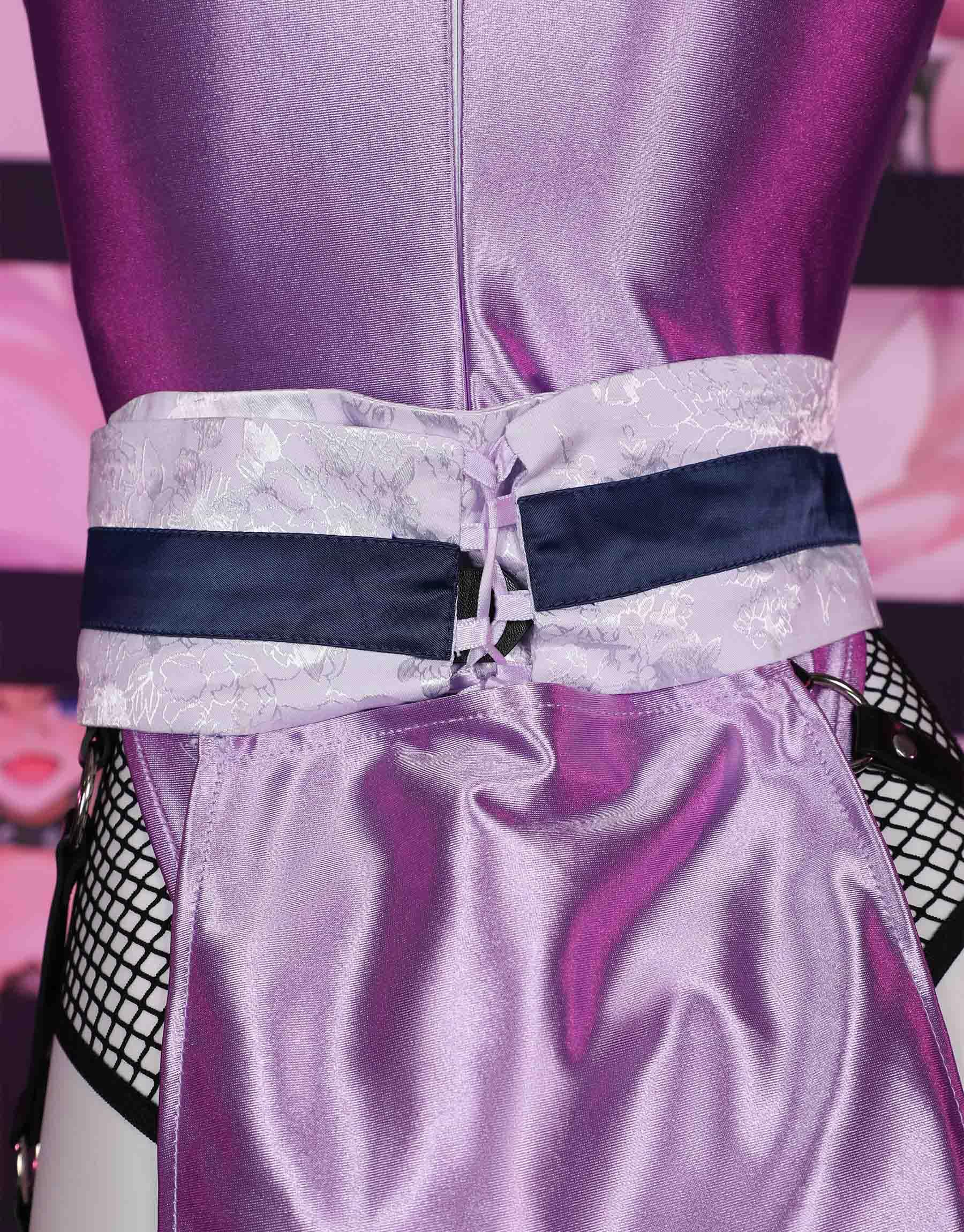 Mobbunny Womens Anime Cosplay Costume Purple High Slit Bodysuit Fishnet Mesh Bodysuit with Mask and Thigh Socks: Small Purple