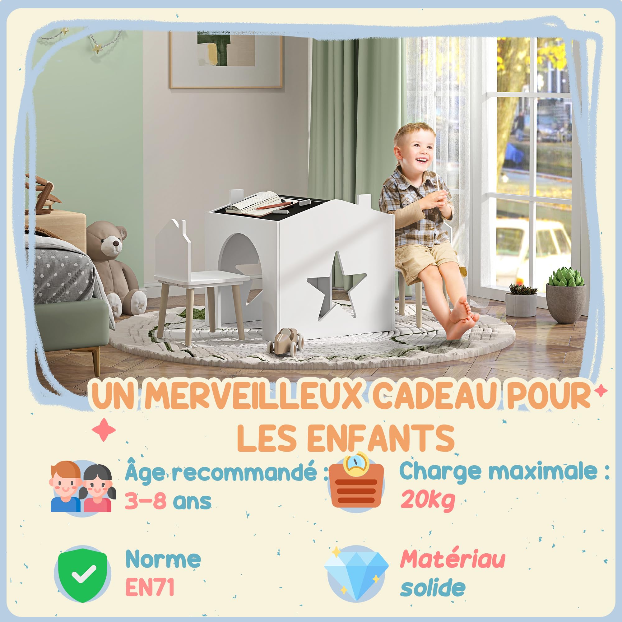 AIYAPLAY Ensemble 1 Table et 2 Chaise 3 Pièces pour Enfants 3-8 Ans Blanc