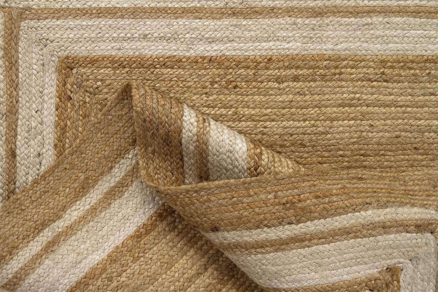 Tapis carré en Jute avec Lignes Blanches pour Salon (150 x 150 cm)