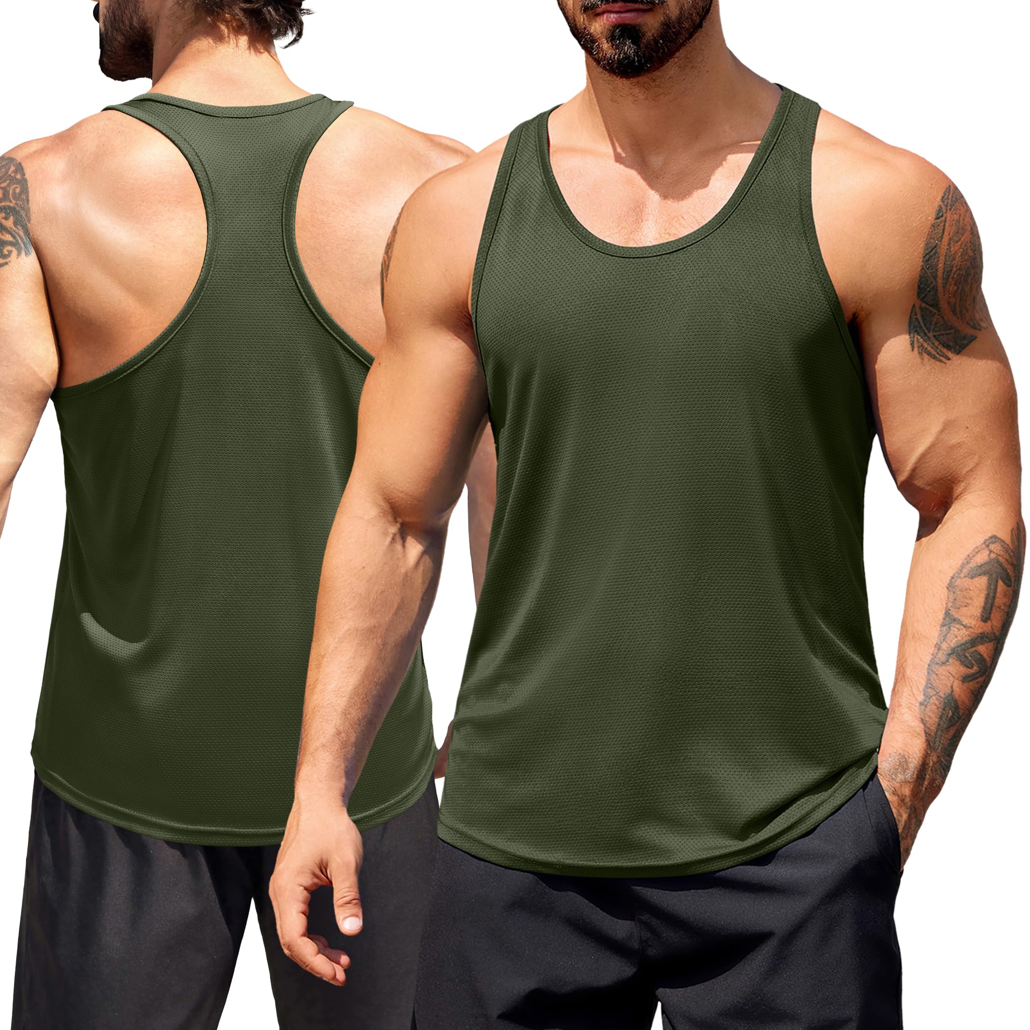 COOFANDY Mens Workout Muscle Tank Tops Y Back Athletic Tank Top Gym Sleeveless Tee Shirts 3 Pack Black/Army Green/Light Grey Large