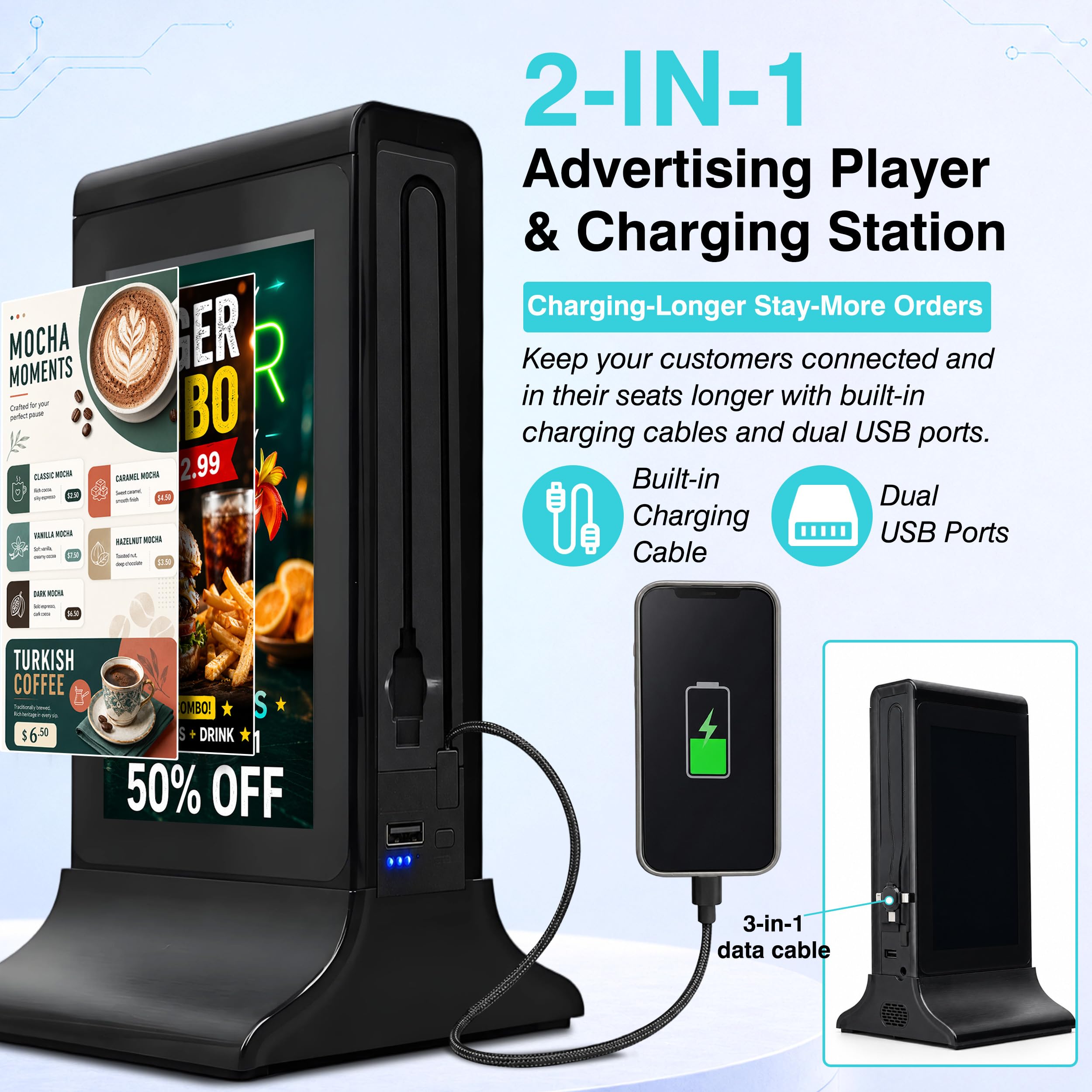RDYMONKEY Présentoir de table numérique de 7 pouces avec câble de charge de téléphone portable et batterie - Support de prospectus de table sans fil pour restauration pour cartes de menu dans le
