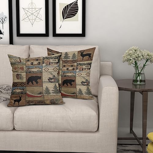 Miniatura 6 de Juego de 2 fundas de almohada de oso rústico occidental, diseño de oso salvaje, ciervo, alce, de 20 x 20 pulgadas, de lino y algodón, para