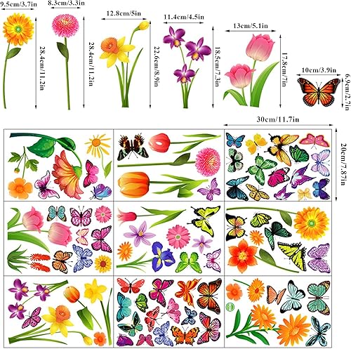 Miniatura 5 de 9 hojas coloridas de primavera para ventana de cristal, mariposa, flores, calcomanías extraíbles anticolisión para evitar golpes de pájaros,