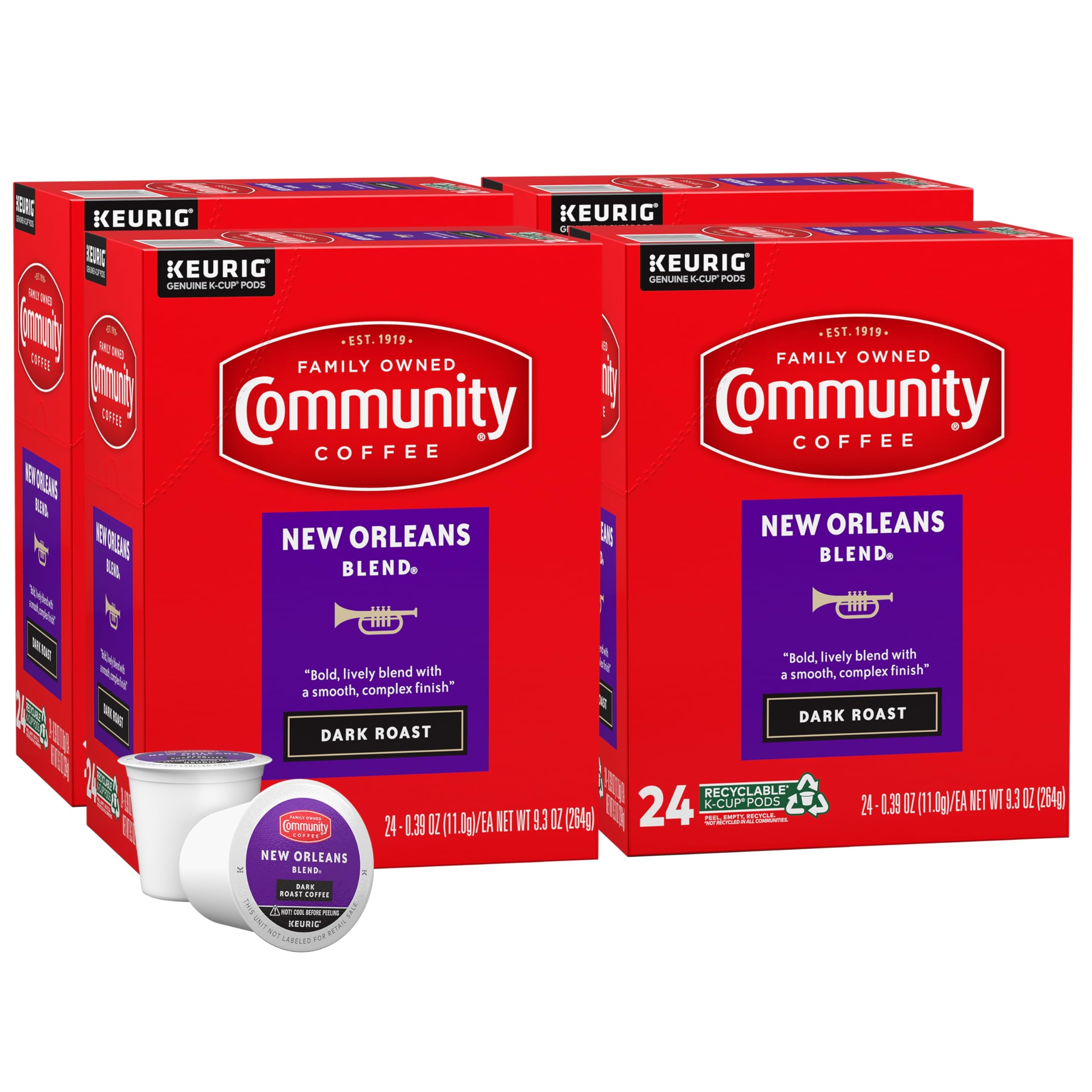 Community Coffee New Orleans Blend 96 Count Coffee Pods, Special Dark Roast, Compatible with Keurig 2.0 K-Cup Brewers, 24 Count (Pack of 4)