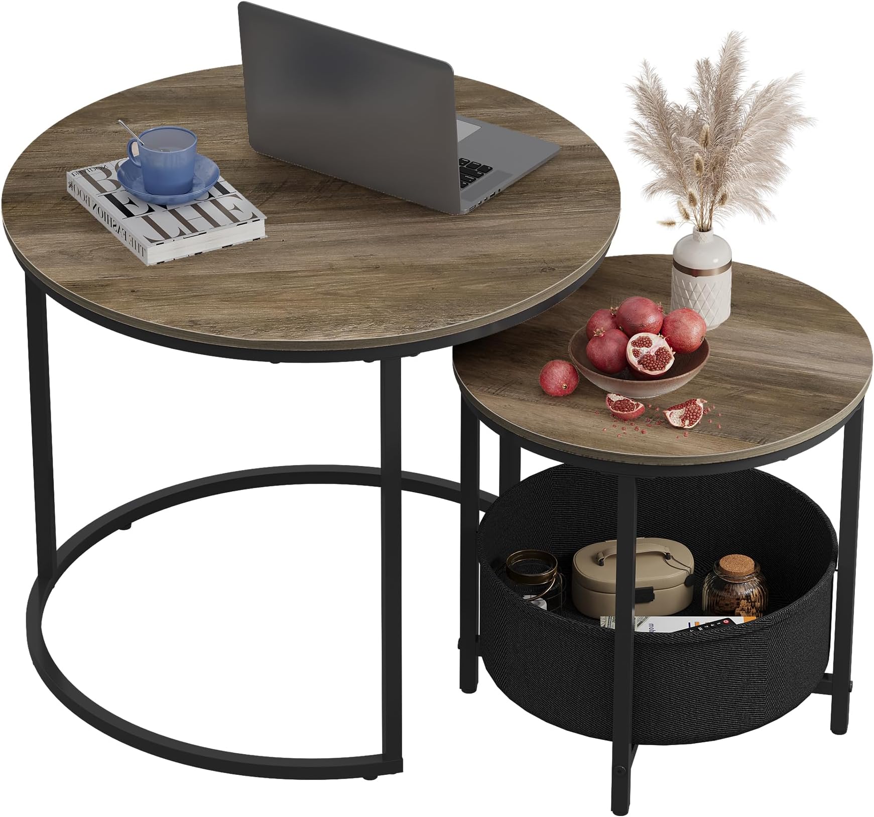 – WLIVE Coffee Table Set of 2, Round Nest of Tables with Storage, Stacking End Side Tables for Living Room, Bedroom, Office, Balcony, Apartment, Grey Brown