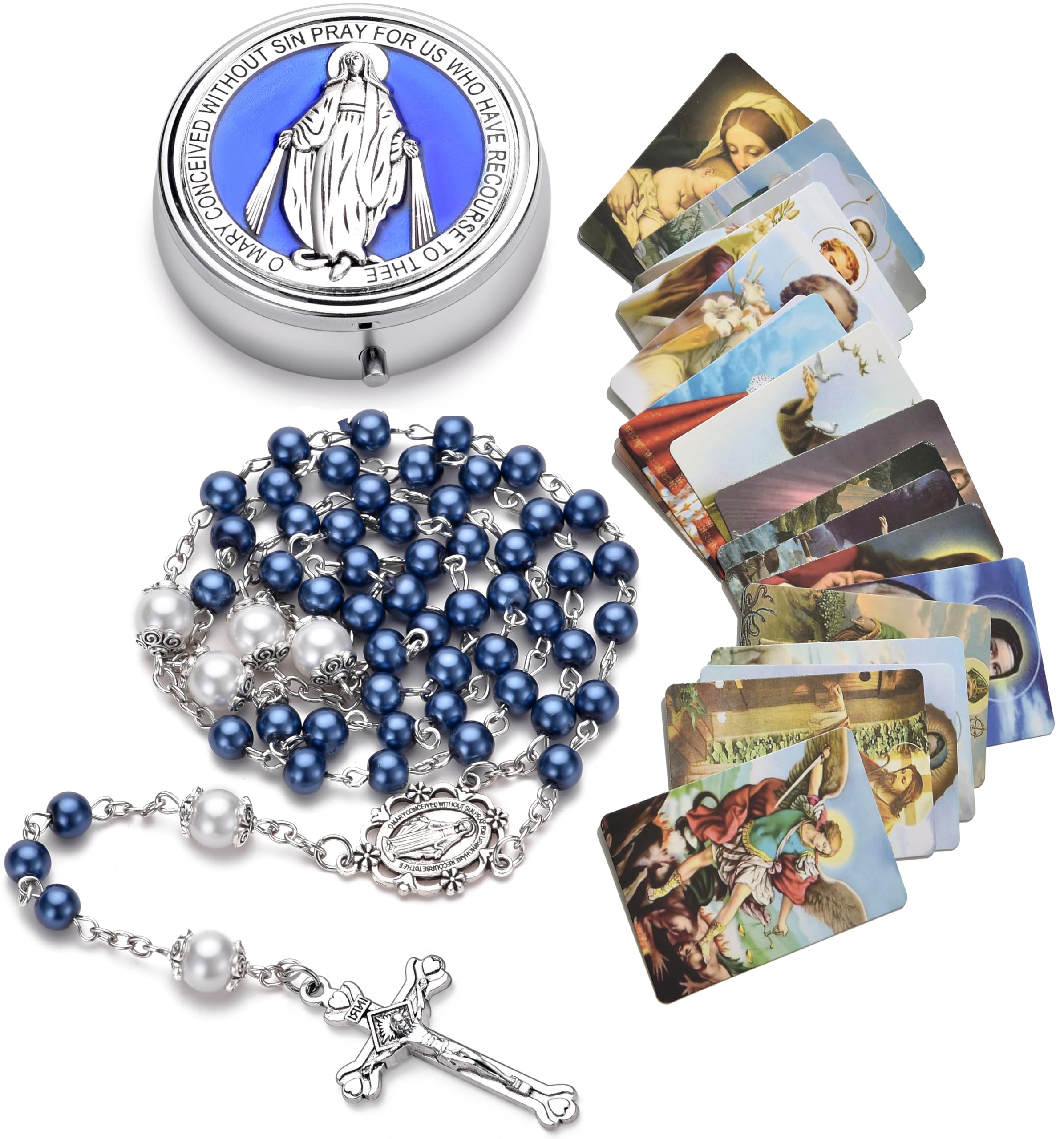 Rosary for Women with Case and 18pcs Prayer Cards, First Communion Gifts for Girls, Glass Pearl Beads and Virgin Mary Medal, Catholic Gifts Blue
