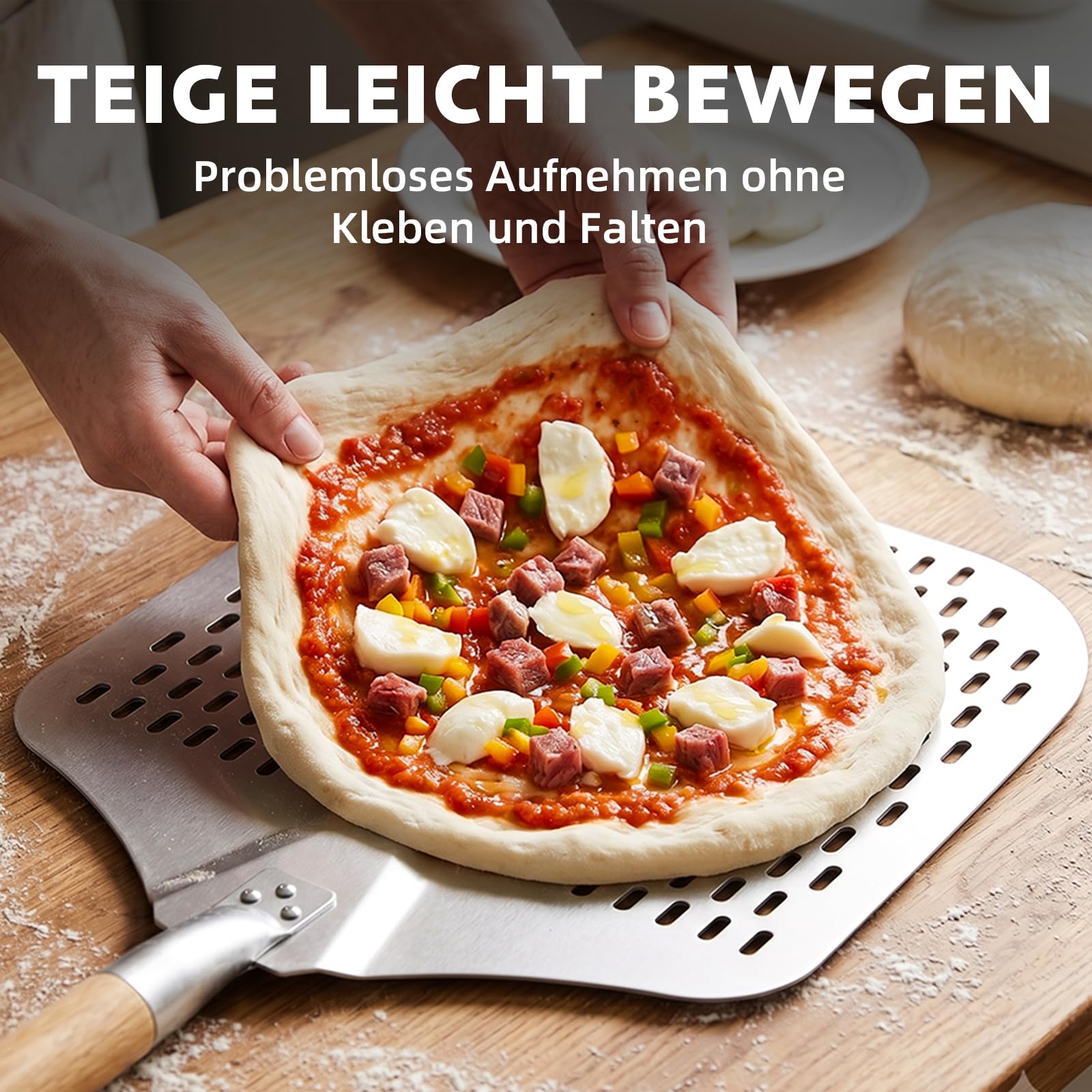 Funtery Pelle à pizza perforée avec manche en bois en 2 parties, 30,5 × 30,5 cm