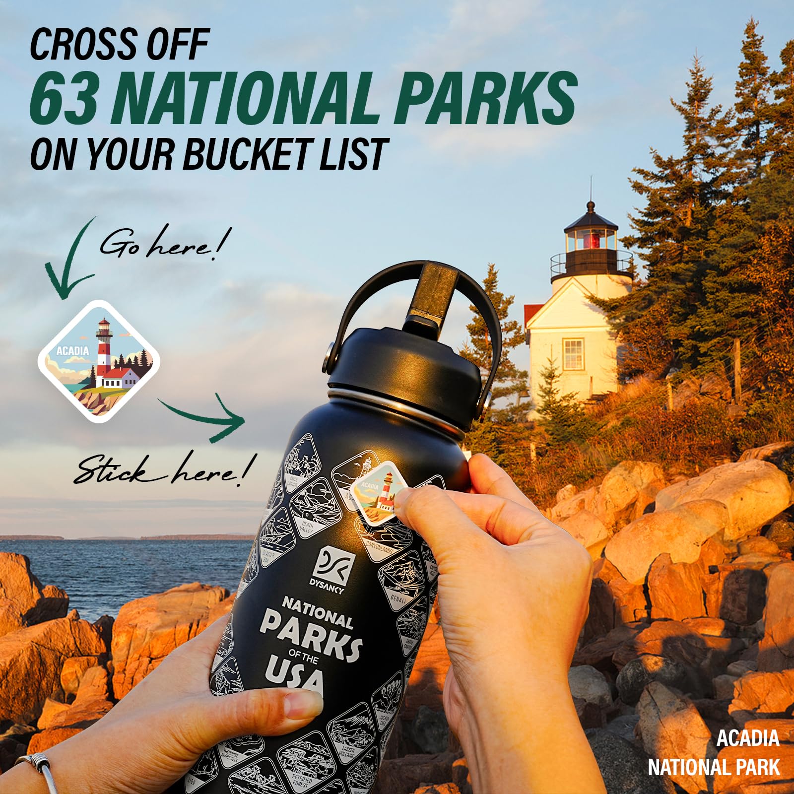 DYSANKY National Parks - Borraccia termica in acciaio inox da 907 ml, con 63 adesivi disegnati a mano, accessori per esterni e confezione regalo, senza BPA, ideale per escursioni, campeggio e viaggi