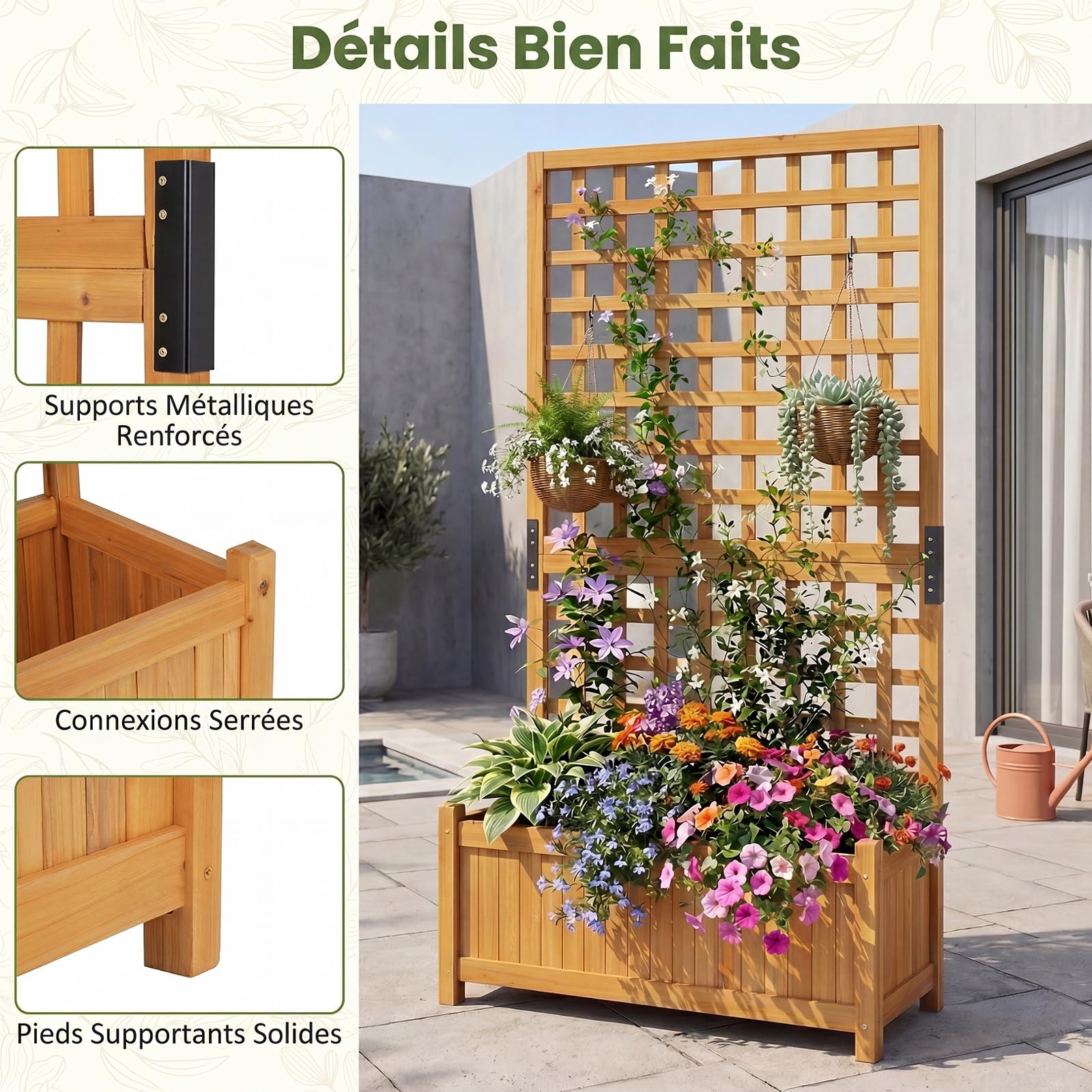 COSTWAY Jardinière avec Treillis en Bois, Bac à Fleurs Surélevé avec Trous de Drainage Fond Amovible, Jardinière Brise-Vue pour Plantes Grimpantes Légumes Fruits, 76 x 32 x 143 cm (Orange)
