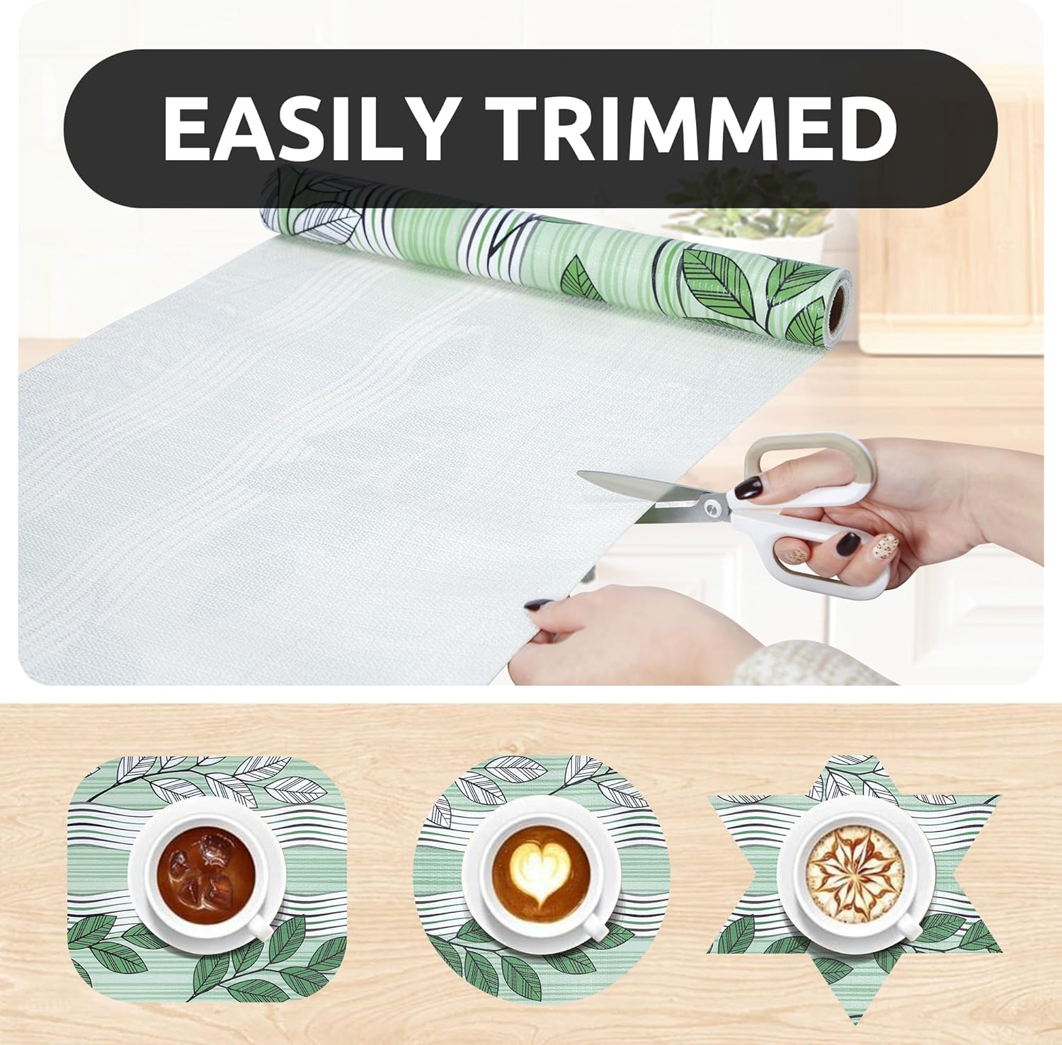 RAY STAR 18X96 Inch Shelf Liner for Kitchen Cabinets, Non-Adhesive Cabinet Liner Washable, PVC Drawer Liner for Dresser Non-Slip Bathroom (Green Leaf)(3 Roll)