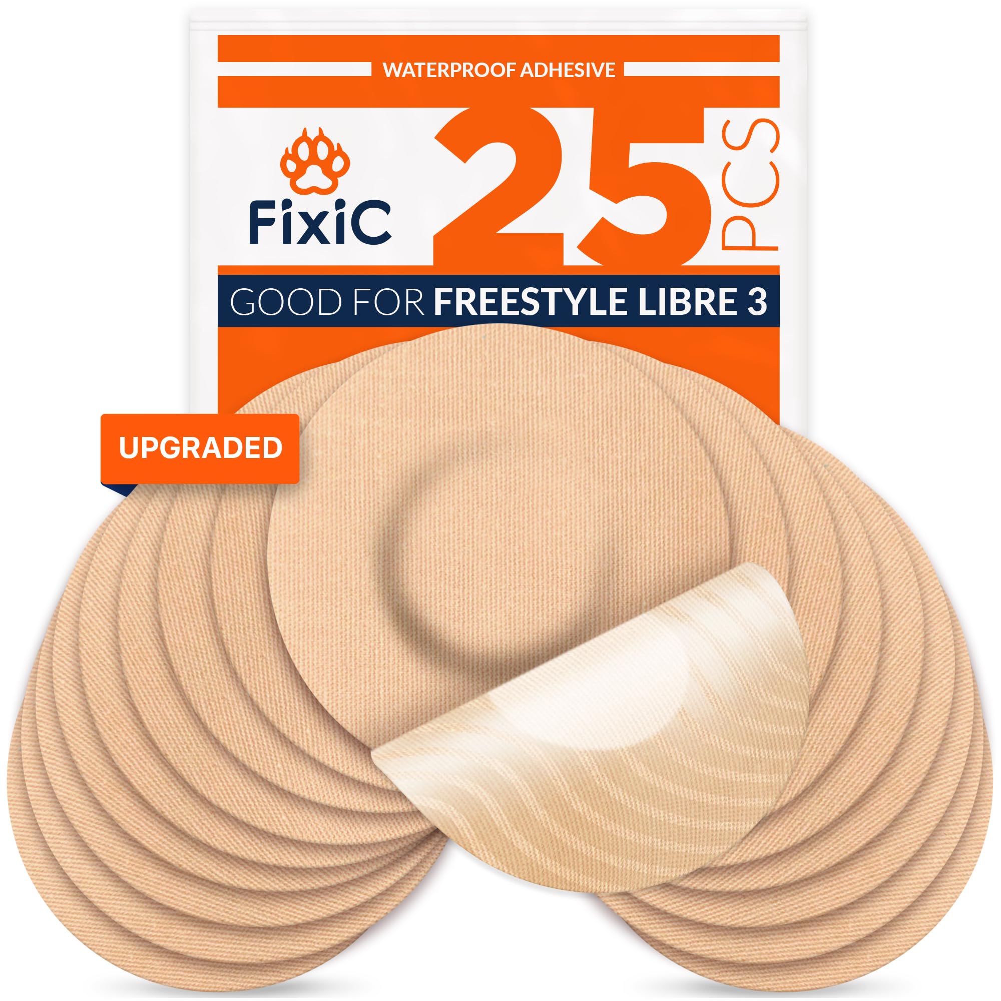 FixicLibre 3 Sensor Covers - 25 Pack - Perfect Freestyle Adhesive Patches for Libre 3 & Plus Sensors - No Glue in The Center - Pre-Cut Back Paper - The Best Fixation for Your Sensor! (Upgraded, Tan)