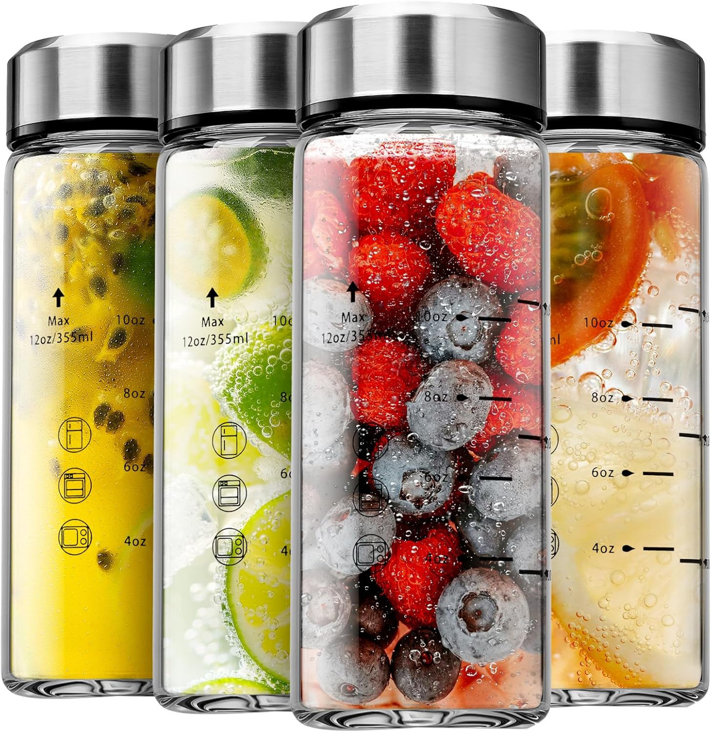 SIEROZUR Glass Juice Bottles 12oz- 4 Pack Wide Mouth Glass Bottles with Lids for Juicing Smoothies, Infused Water, Beverage Storage – BPA Free, Leakproof, Reusable, Borosilicate