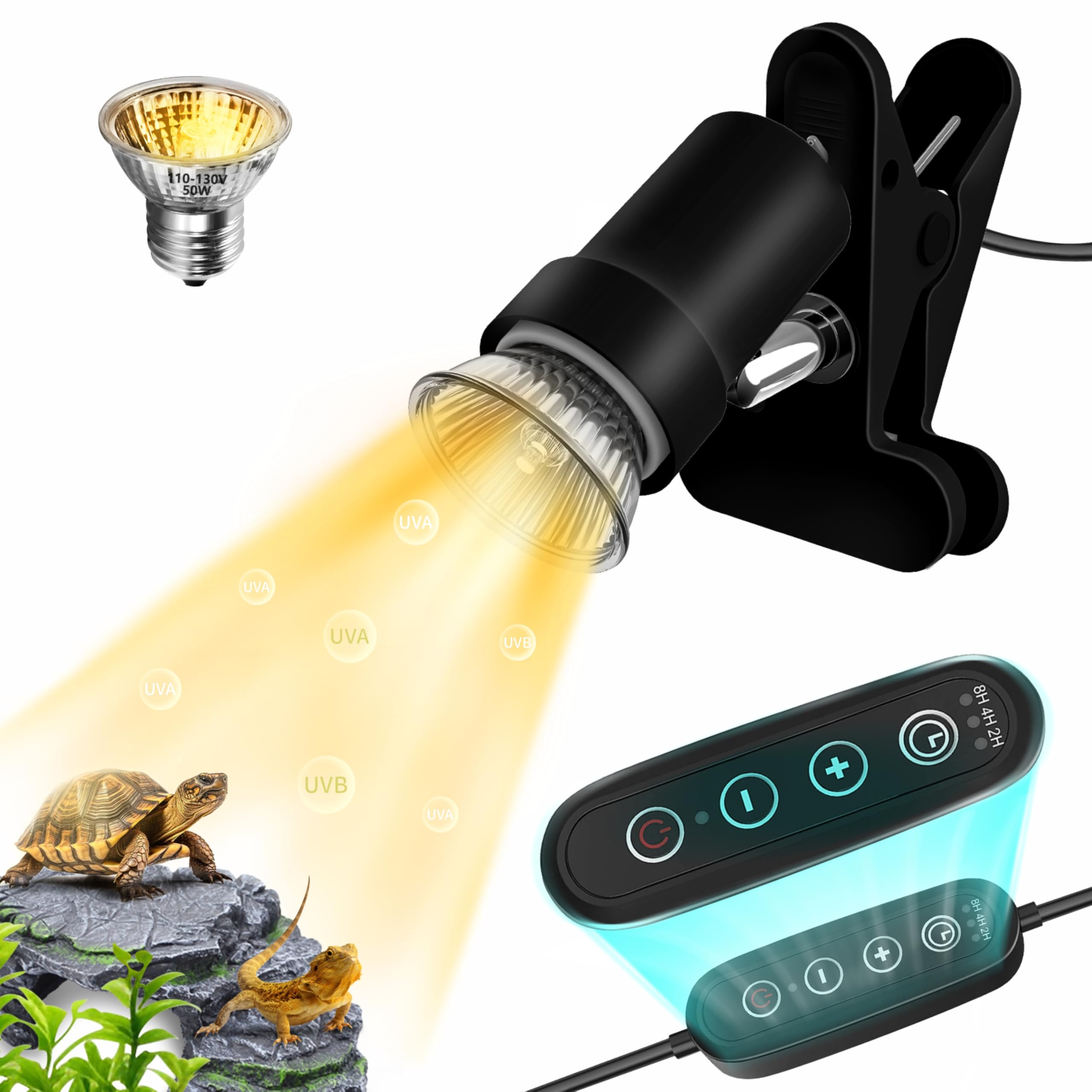GOZILLA Reptile Heat Lamp, Turtle Lamp with 50W UVA/UVB Turtle Light Bulb, 360°Rotatable Clip Reptiles Basking Light for Amphibian and Reptile Tanks, Terrariums, Cages.(Black) — view 11
