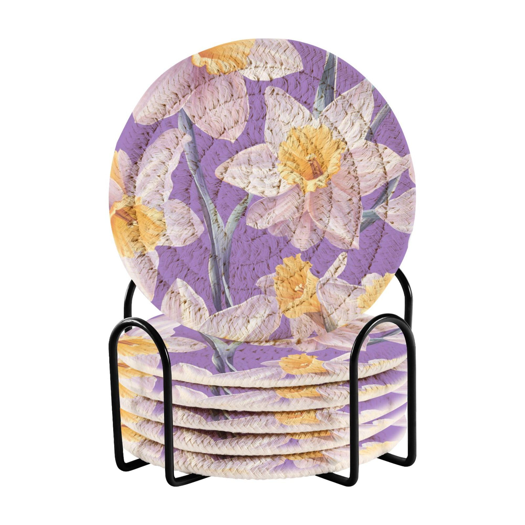 Chic Daffodils Purple Cotton Rope Absorbent Coasters Set of 6 with Holder Table Coasters