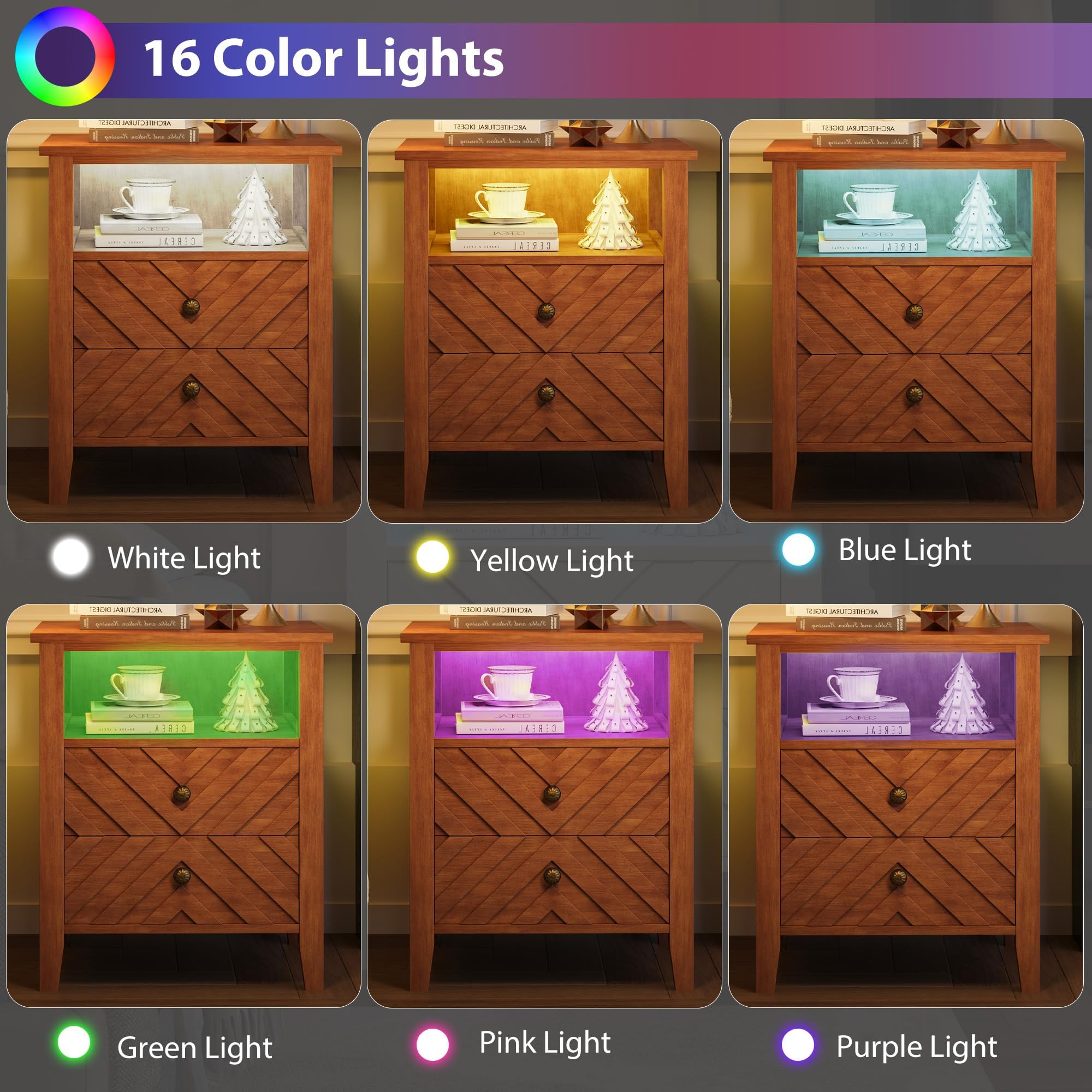 GarveeHome Mesita de Noche Vintage con luz LED, 2 cajones y Estante Abierto, diseño en V, Brown