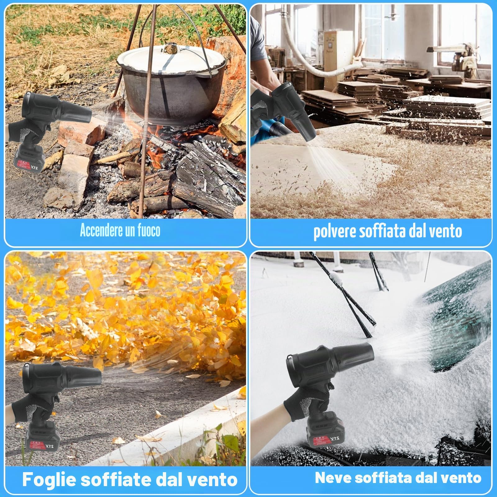 Turbo Jet Blower - Set professionale soffiatore a batteria al litio per foglie, auto, industria | Con 2 batterie, caricabatterie, valigetta, flusso d'aria variabile, con testa di ricambio e accessori, leggero e potente