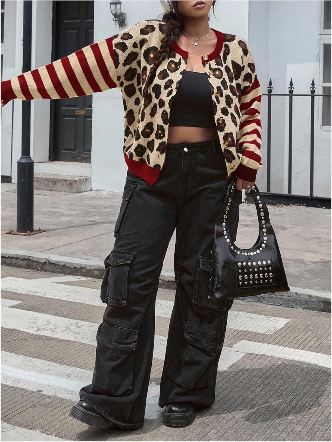 SOLY HUX Women's Plus Size Leopard Cardigan Cheetah Print Striped Button Down Long Sleeve Knit Sweater Fall Cardigans