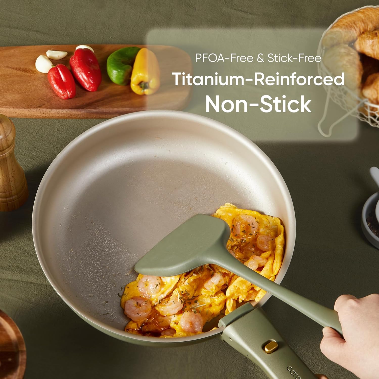 CAROTE 19Pcs Titanium Reinforced Nonstick Pots and Pans Set, Nonstick Cookware Set with Detachable Handle, Gold-Trimmed Cookware Sets, Removable Handles, Induction, Dishwasher Safe, Oven Safe, Green