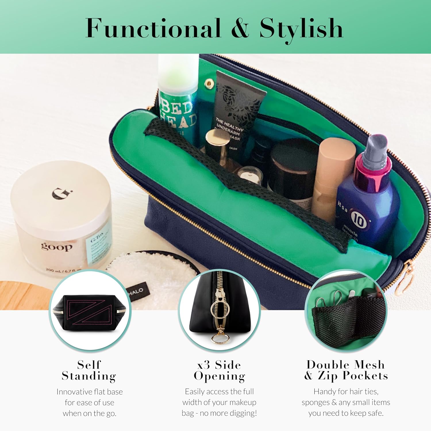 KUSSHI Washable Travel Makeup & Cosmetic Bag - Brush Organizer Sold Separately (Vacationer, Navy/Mint)