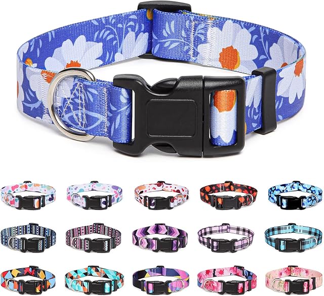 Suredoo Adjustable Nylon Dog Collar with Patterns, Soft Comfy Pet Collar for Small Medium Large Dogs (S, Daisy)