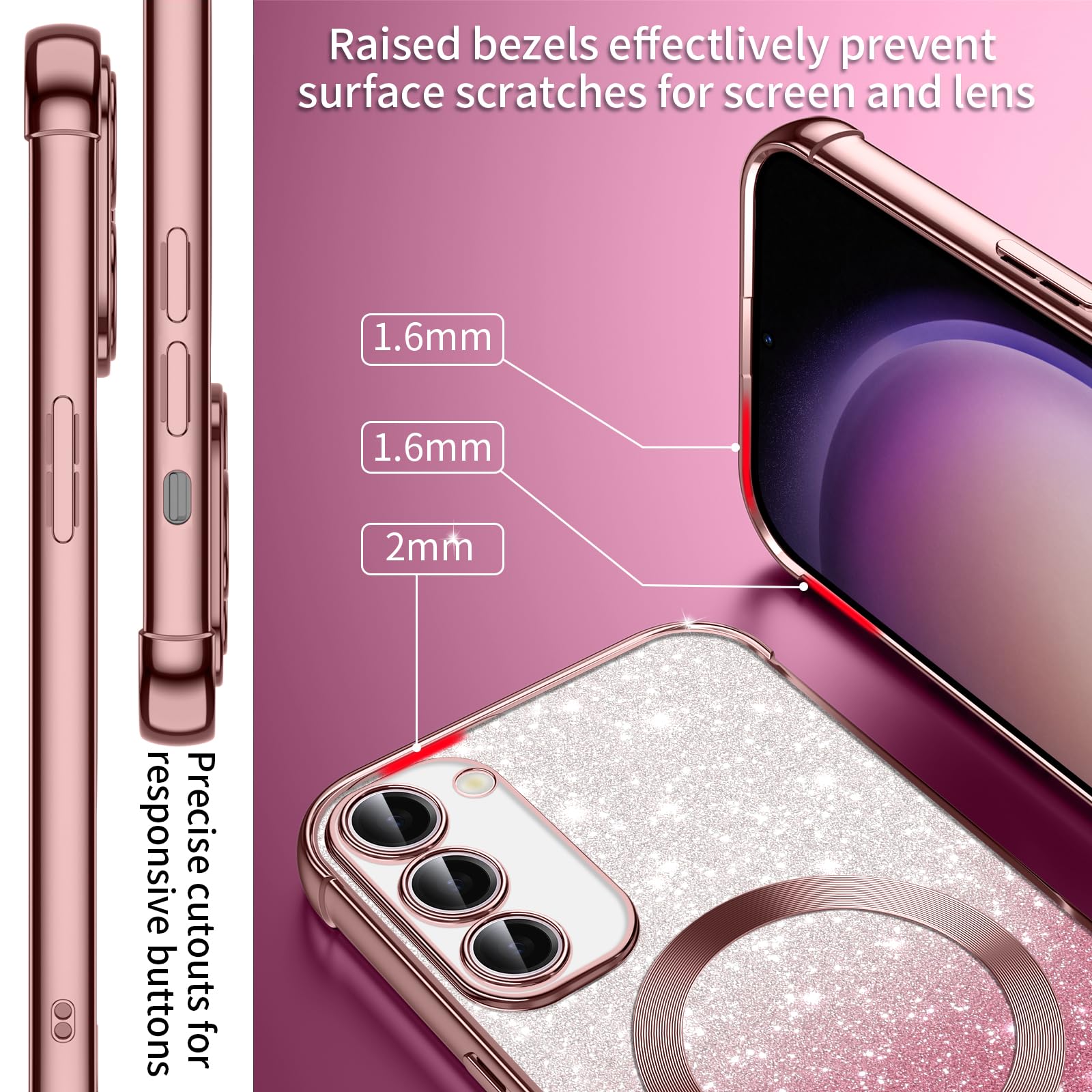 Phoona Etui z łańcuchem na telefon komórkowy do Samsunga Galaxy S23 Plus 5G z paskiem [Kompatybilne z MagSafe], luksusowe etui z błyszczącym powłokiem magnetycznym do Samsunga S23 Plus 5G, ochronne
