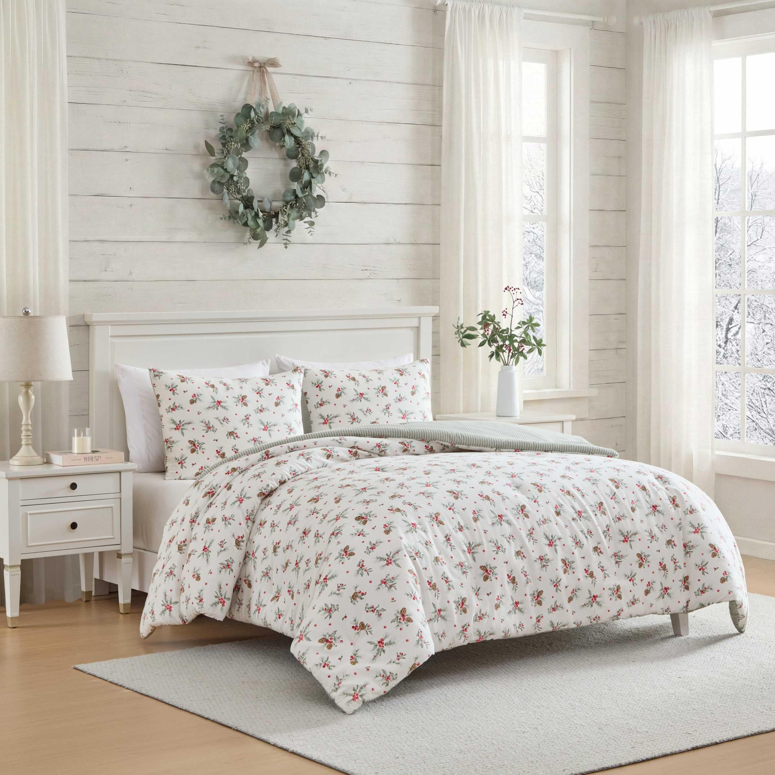 Condition photo showing New/Like New for laura ashley - queen size comforter set, brushed cotton flannel bedding with matching pillowcases, soft & cozy woodland bed set, pinecone berries green