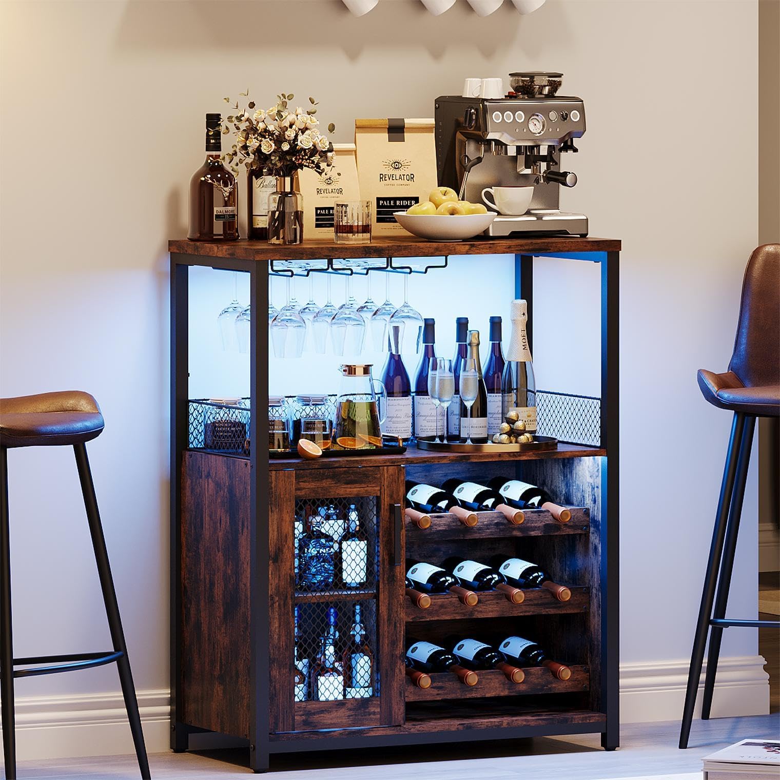 IDEALHOUSE Wine Bar Rack Cabinet with LED Light, Adjustable Shelves Coffee Bar Cabinet with Mesh Door and Baffle Design, 36″ Tall Small Liquor Bar Cabinet for Home, Kitchen, Dinning Room, Rustic Brown