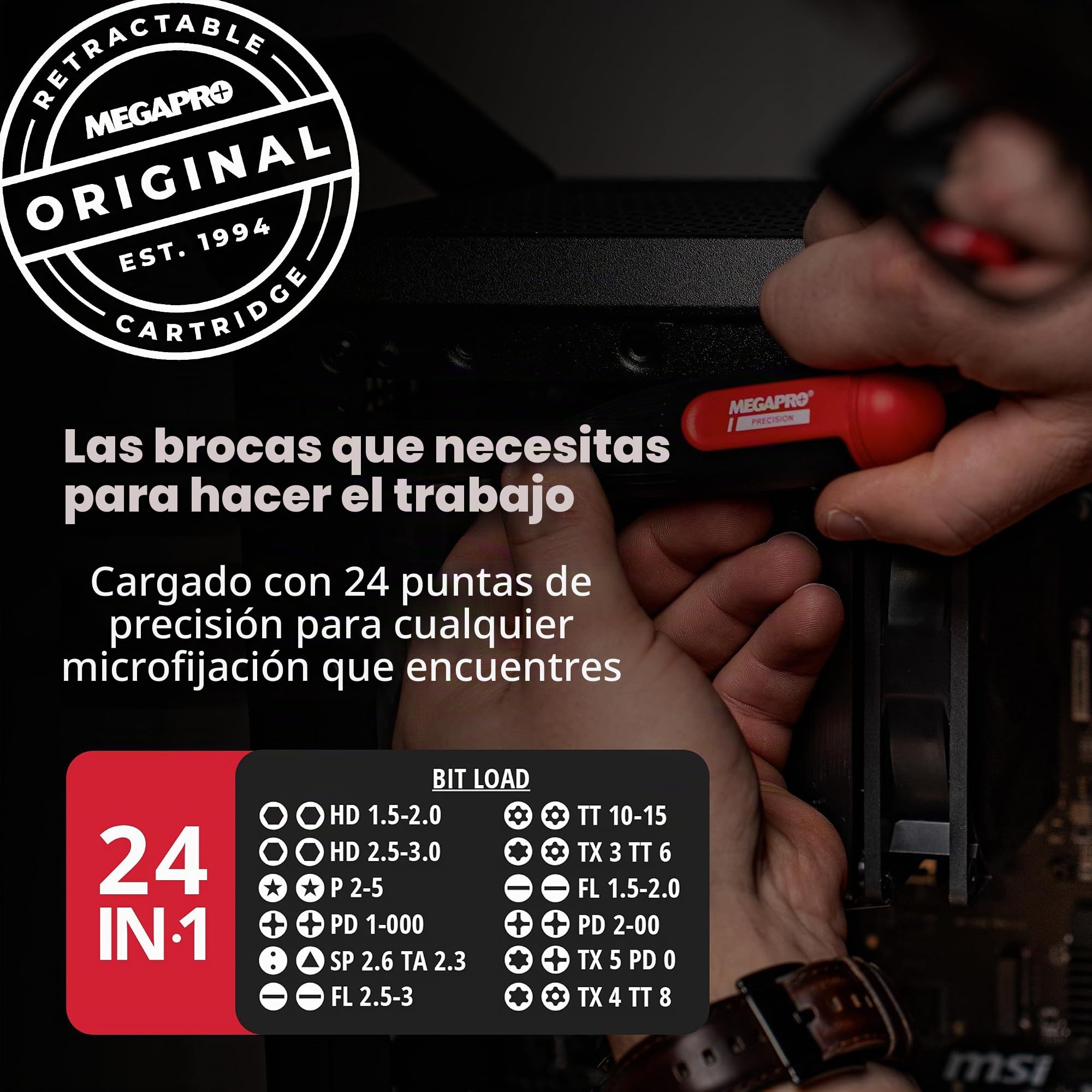Megapro - Juego de destornilladores de precisión, multibroca 24 en 1 con eje hexagonal para Phillips, pentalobular, plano, Torx, llave inglesa, con cartucho retráctil, para elementos electrónicos