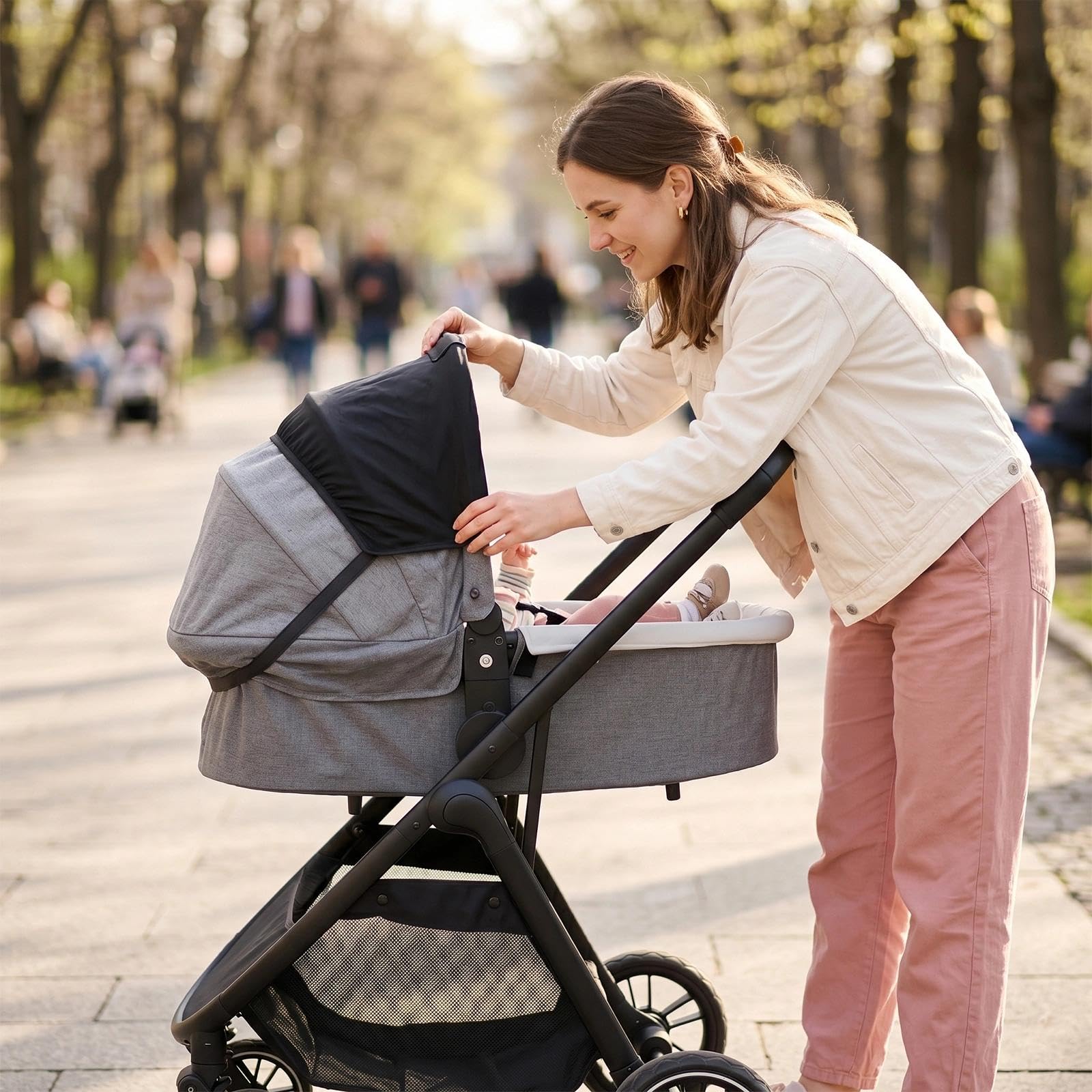 Sombrilla Carro Bebe Universal con Protección UV, Transpirable Parasol Carro Bebe con Ventana, Ajustable Universal Protector Solar Carrito Bebé, Negro